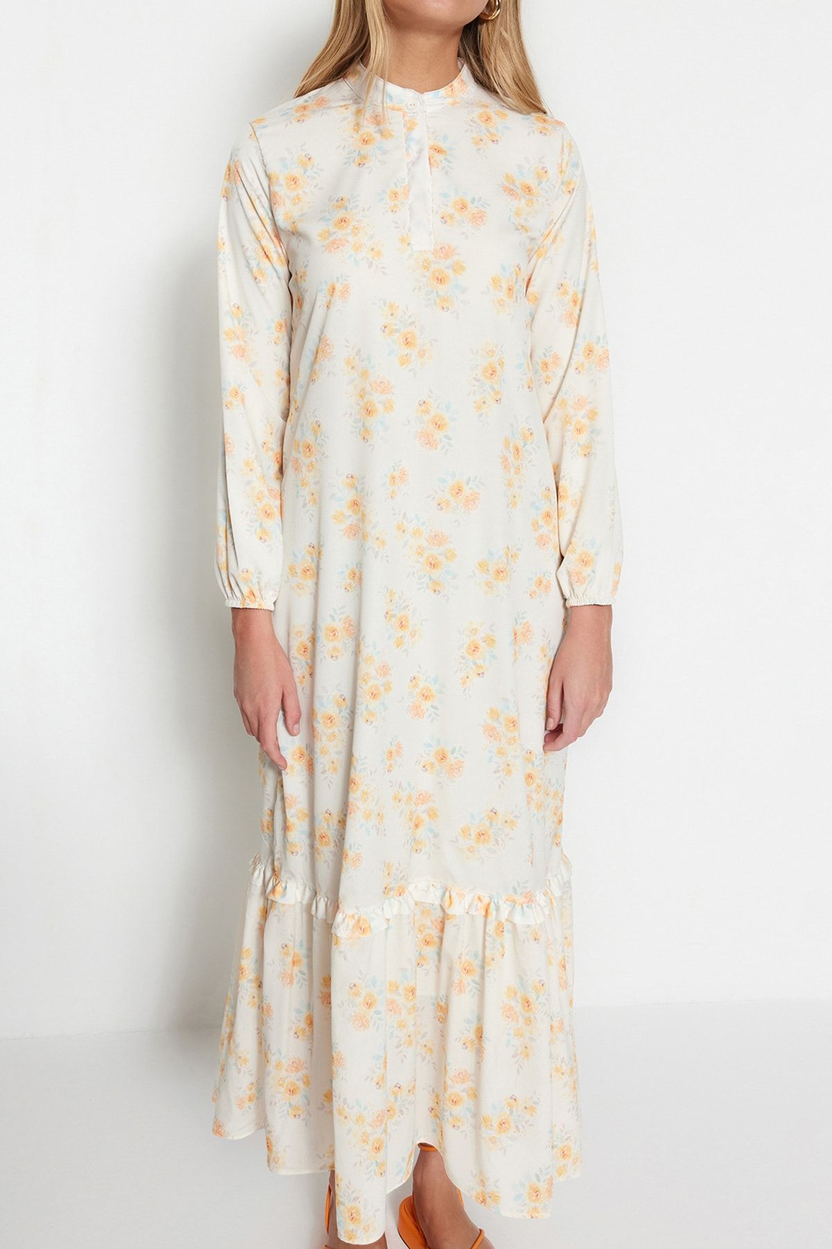 Trendyol Modest-Помаранчева квітчаста спідниця на півпальто з оборками на підкладці з тканого полотна TCTSS21EL3353 5