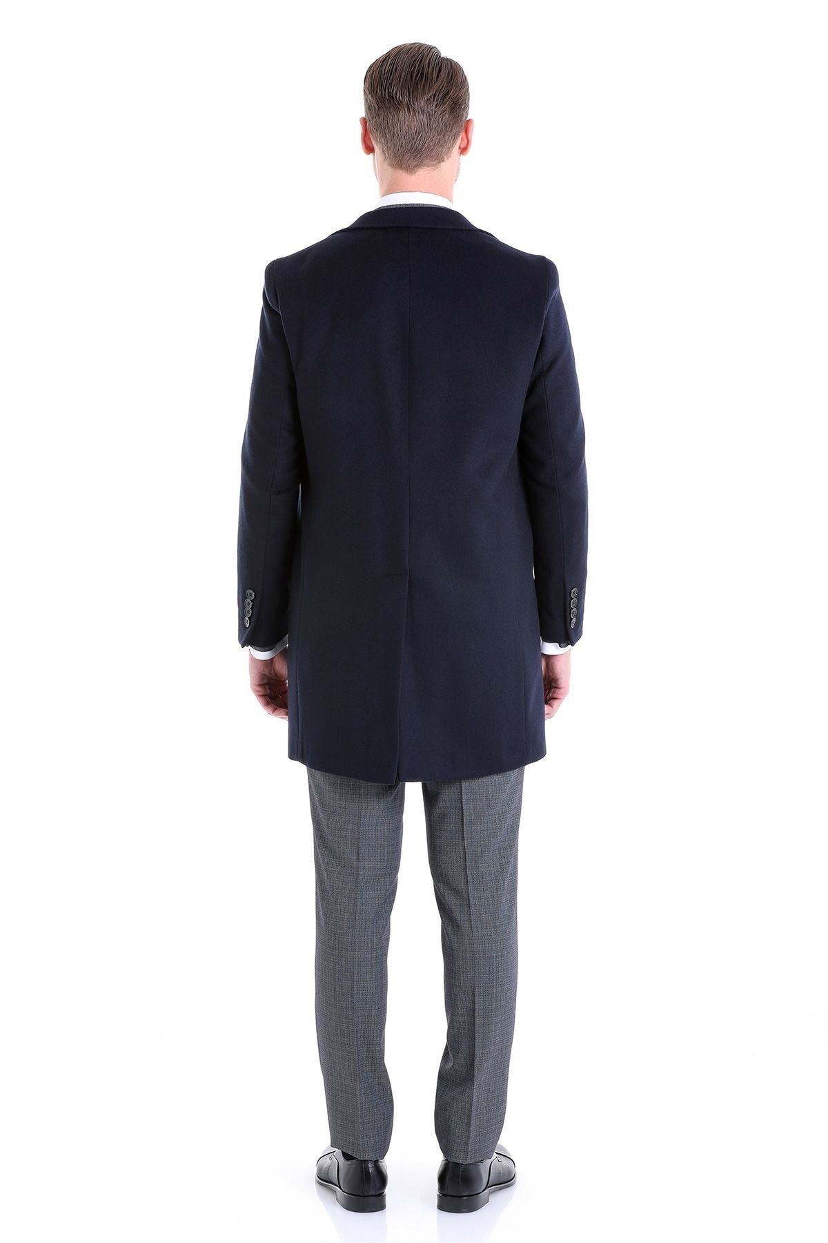 Hatemoğlu  Lacivert Slim Fit Düz Mono Yaka Yünlü Kaşe Palto - Görsel 7