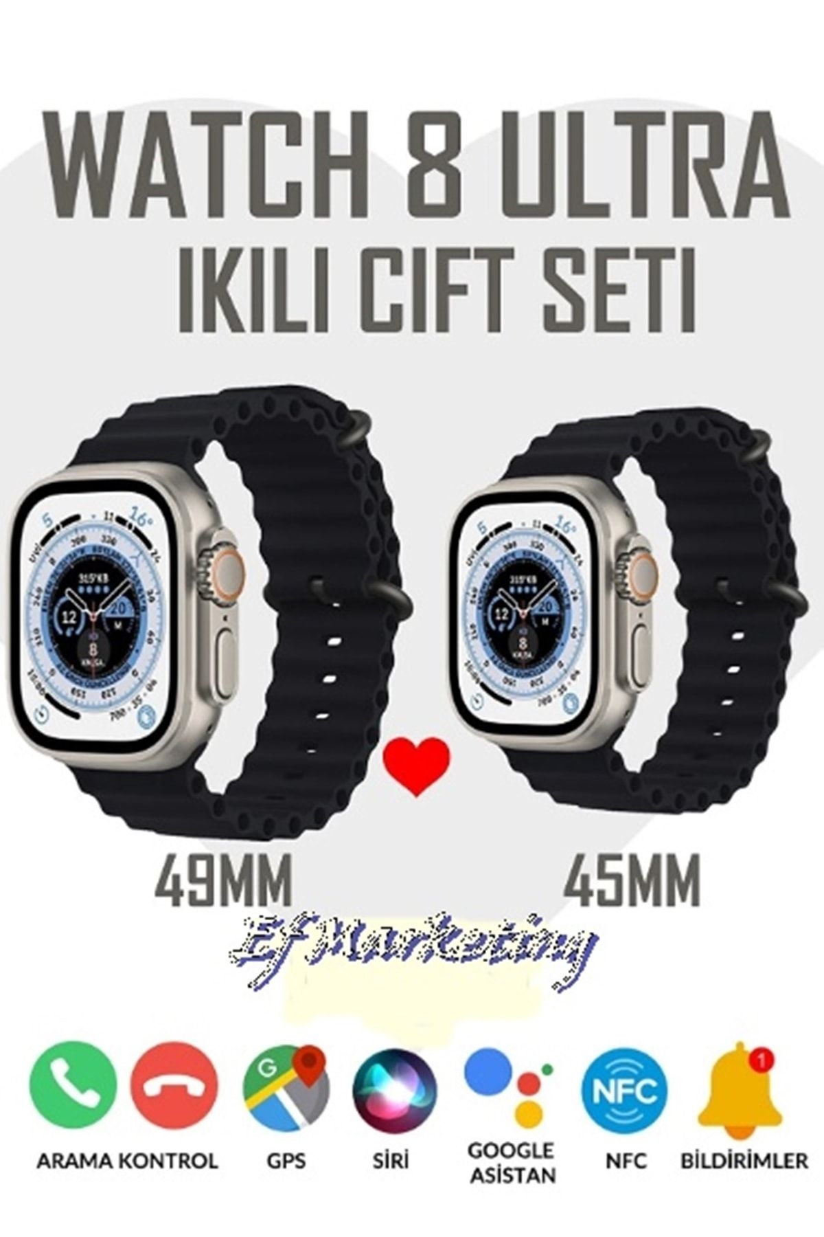 DURKHEİM Watch 8 Ultra Series Ikili Set 2.09 Inç Premium Akıllı Saat Nfc/siri/gps Takip Özellikli