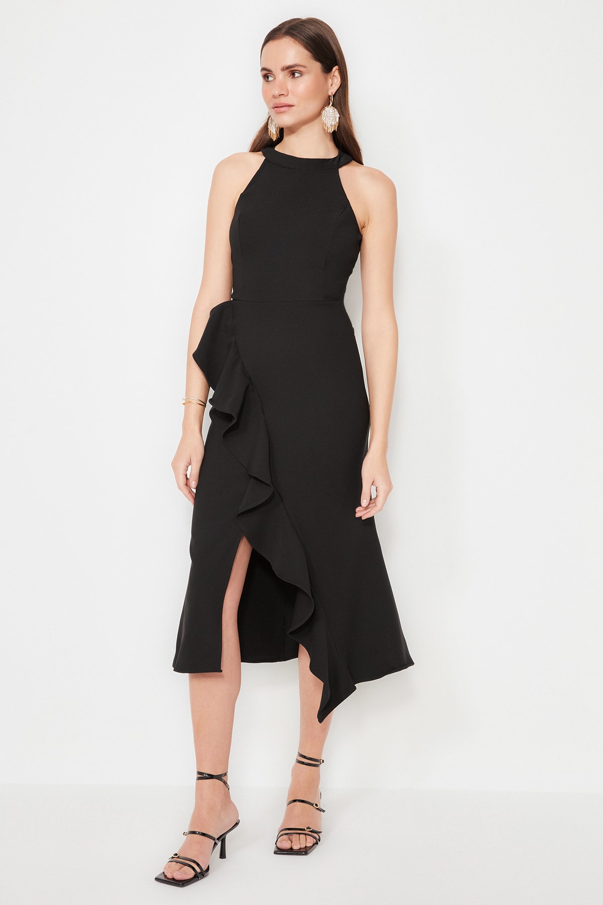 Trendyolmilla  Siyah Volanlı Dokuma Şık Abiye Gece Mezuniyet Elbisesi TPRAW19BB0144 - Görsel 8