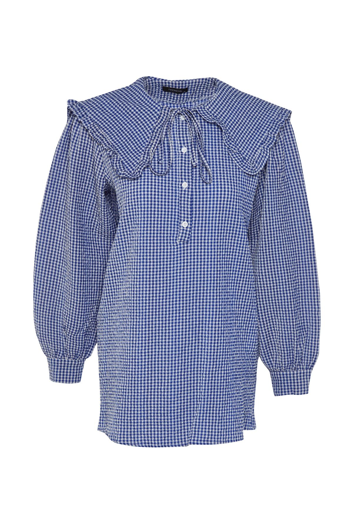 Trendyol Modest-Kék baba nyakörv Gingham mintás szőtt tunika TCTSS23UK00065 5