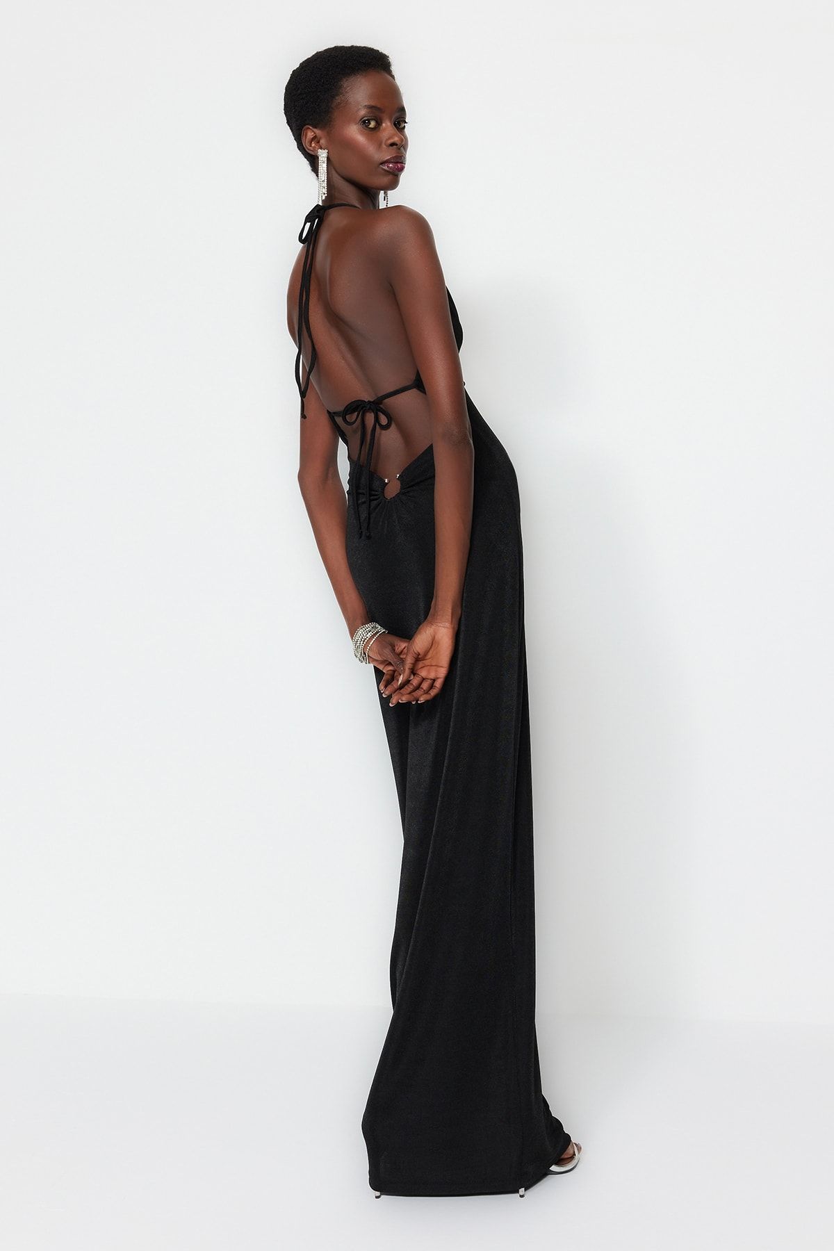 Trendyol Collection-Rochie de seară lungă cu sclipici, tricotată pe corp, neagră TPRSS23AE00113 2