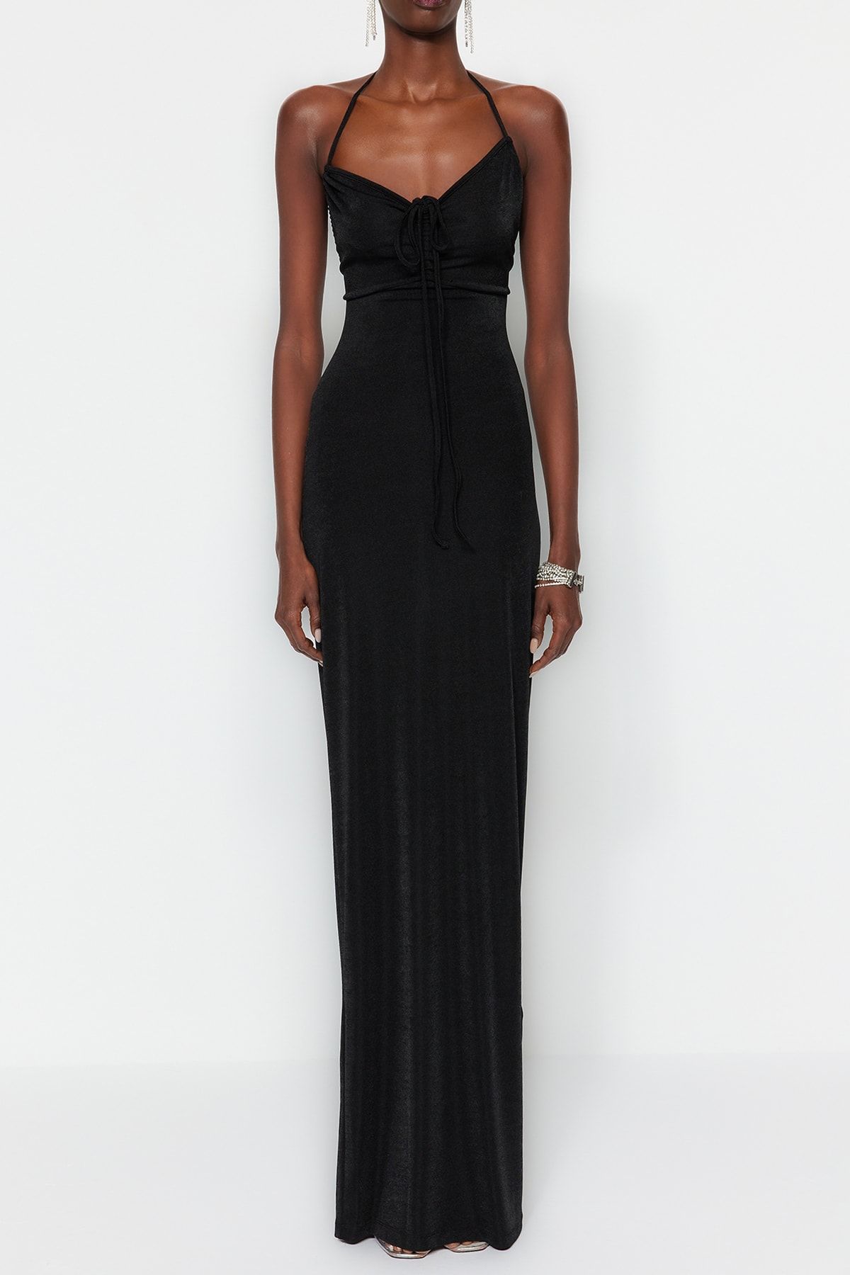 Trendyol Collection-Rochie de seară lungă cu sclipici, tricotată pe corp, neagră TPRSS23AE00113 4