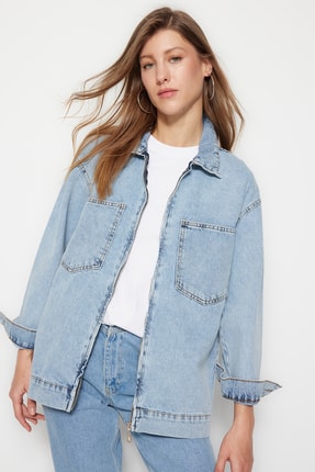 Trendyol Modest Buz Mavi Denim Fermuar Kapamalı Kot Ceket TCTSS23CK00097