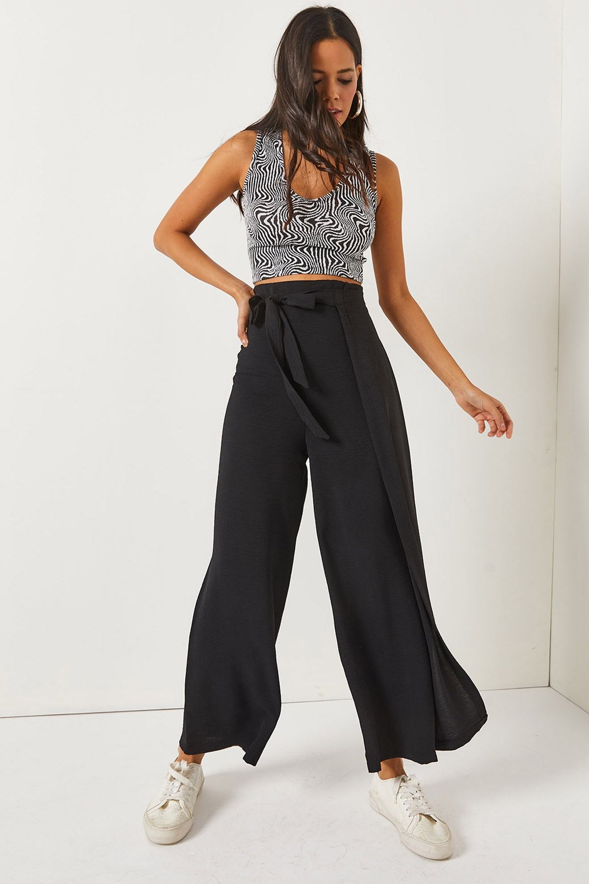 Olalook-Black Tie Detailed Wrap Palazzo Trousers PNT-19000199 4