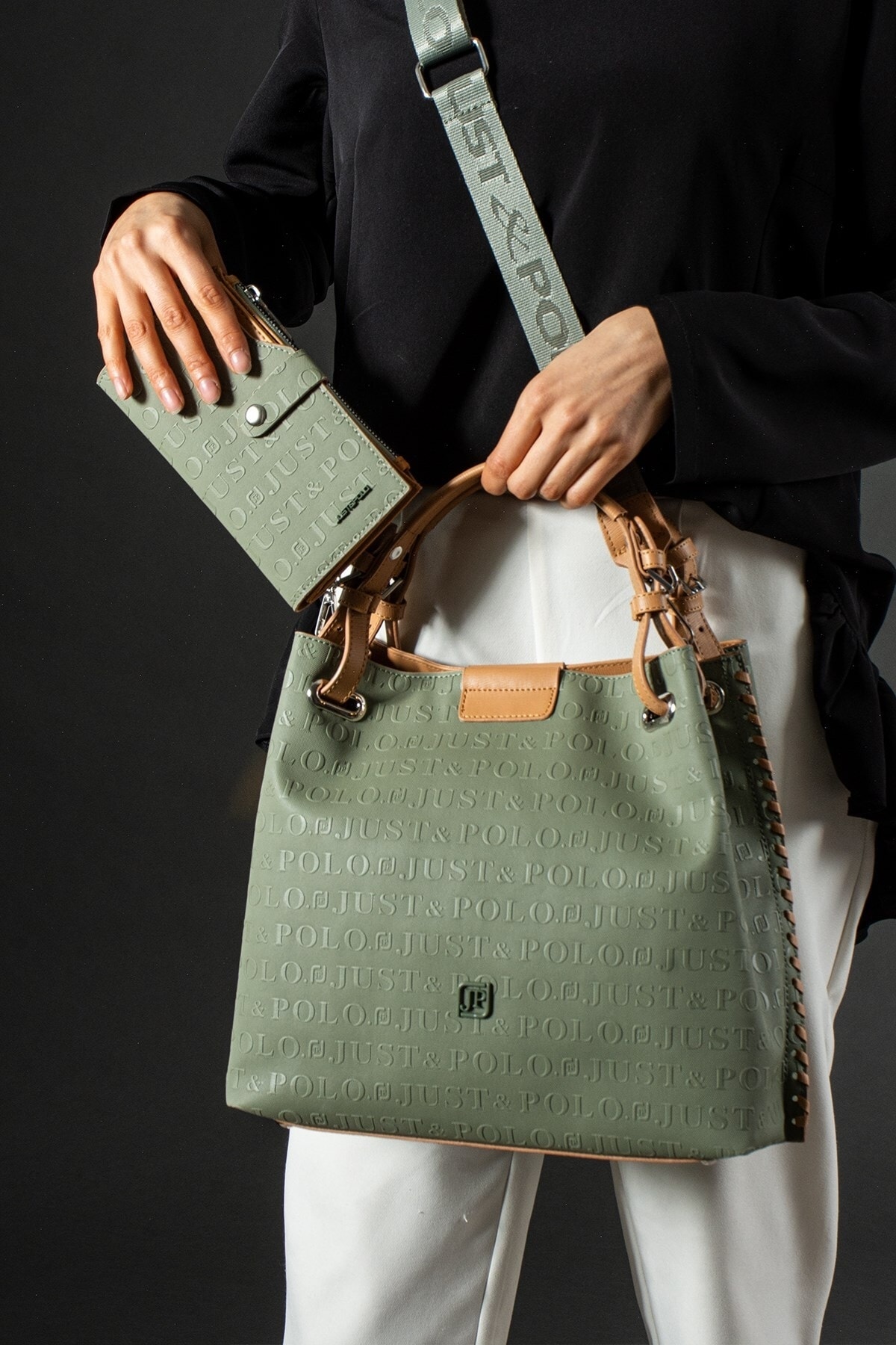 Knit Detailed 4 Compartment Women's Hand & Shoulder Bag and Wallet Combination Green 30x27cm Pbu4031