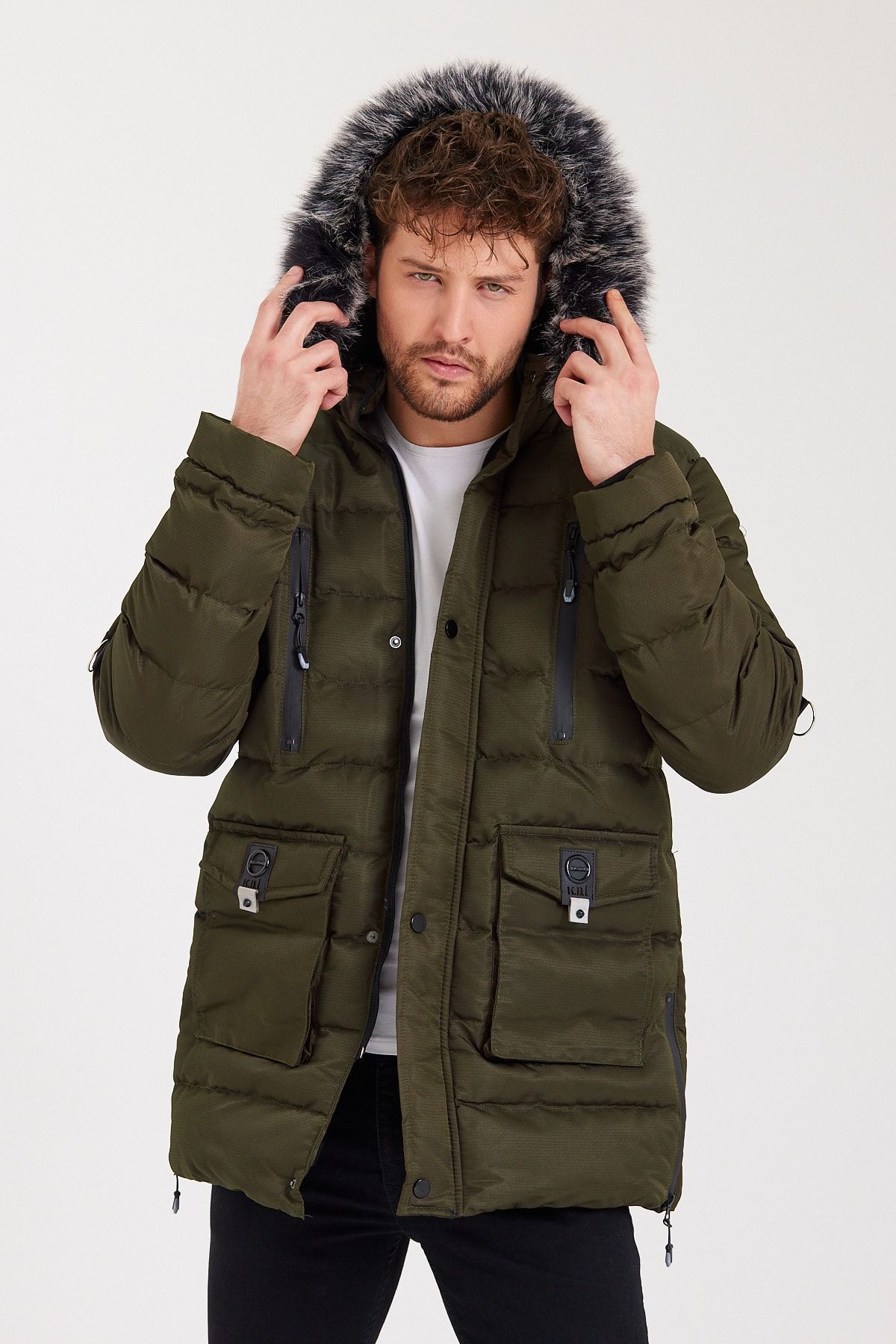 Enuygunenmoda Erkek Slim Fit Şişme Kapşonlu Kürklü Mont Yeşil IB9681