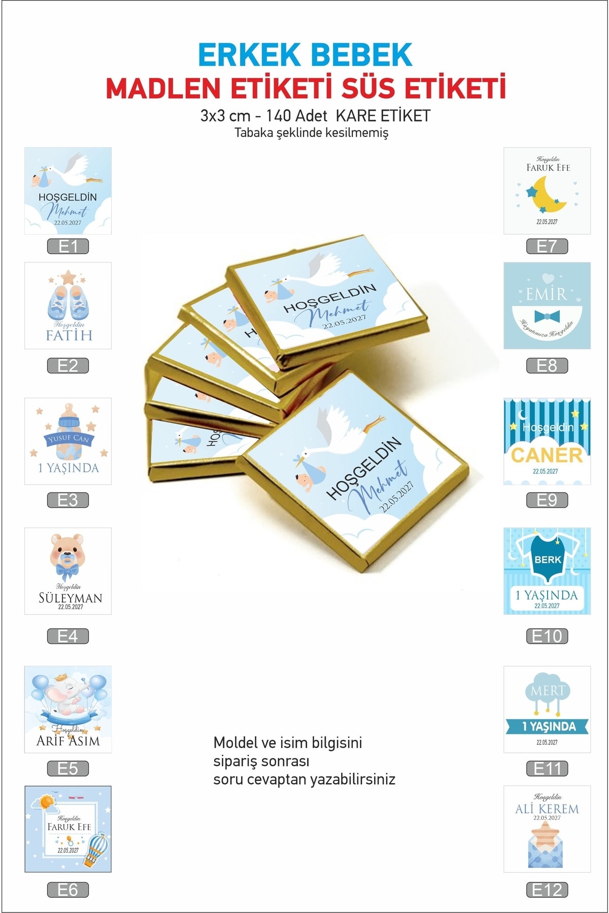 Genel Markalar Doğum Günü 1 Yaş Hoşgeldin Bebek Erkek Bebek-çocuk Hediyelik Madlen Çikolata Etiketi Kare 140 Adet fotoğrafı 2 (önizleme)