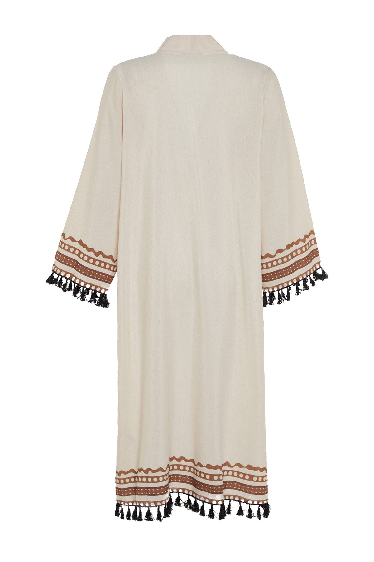 Trendyol Modest Bej Etnik Desenli Pamuk Karışımlı Uzun Dokuma Kimono &amp; Kaftan TCTSS23KK00012 RN11214