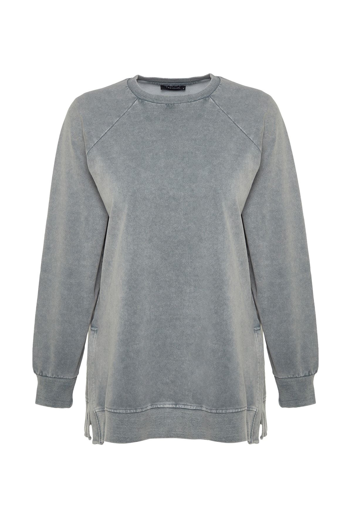 Trendyol Modest-Szara bluza z dzianiny oversize z rozcięciami po bokach i przetarciami TCTSS23TW00062 14