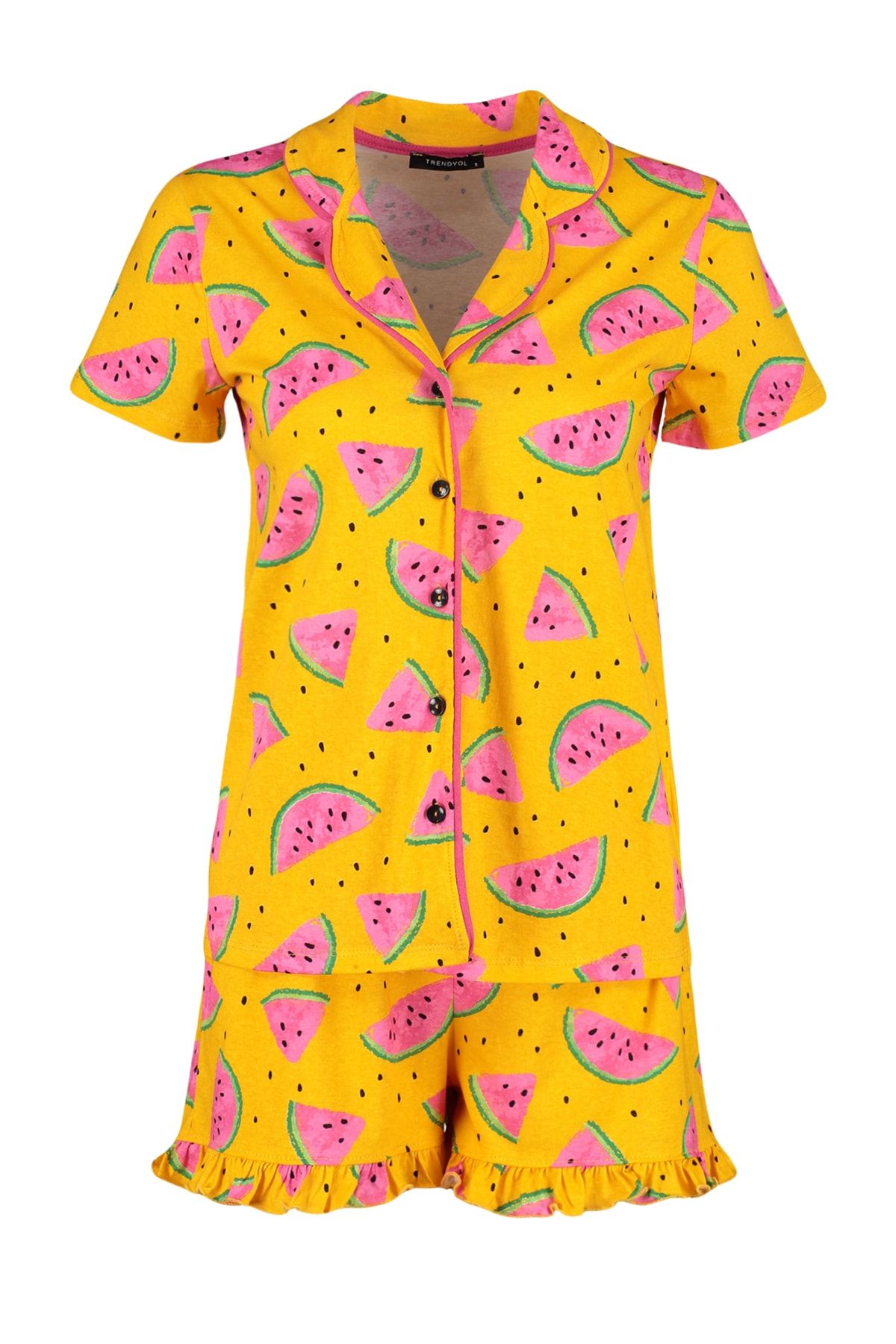 Trendyol Collection-Set de pijamale tricotate, portocaliu deschis, 100% bumbac, cu model pepene verde, cămașă și pantaloni scurți THMSS21PT0670 6