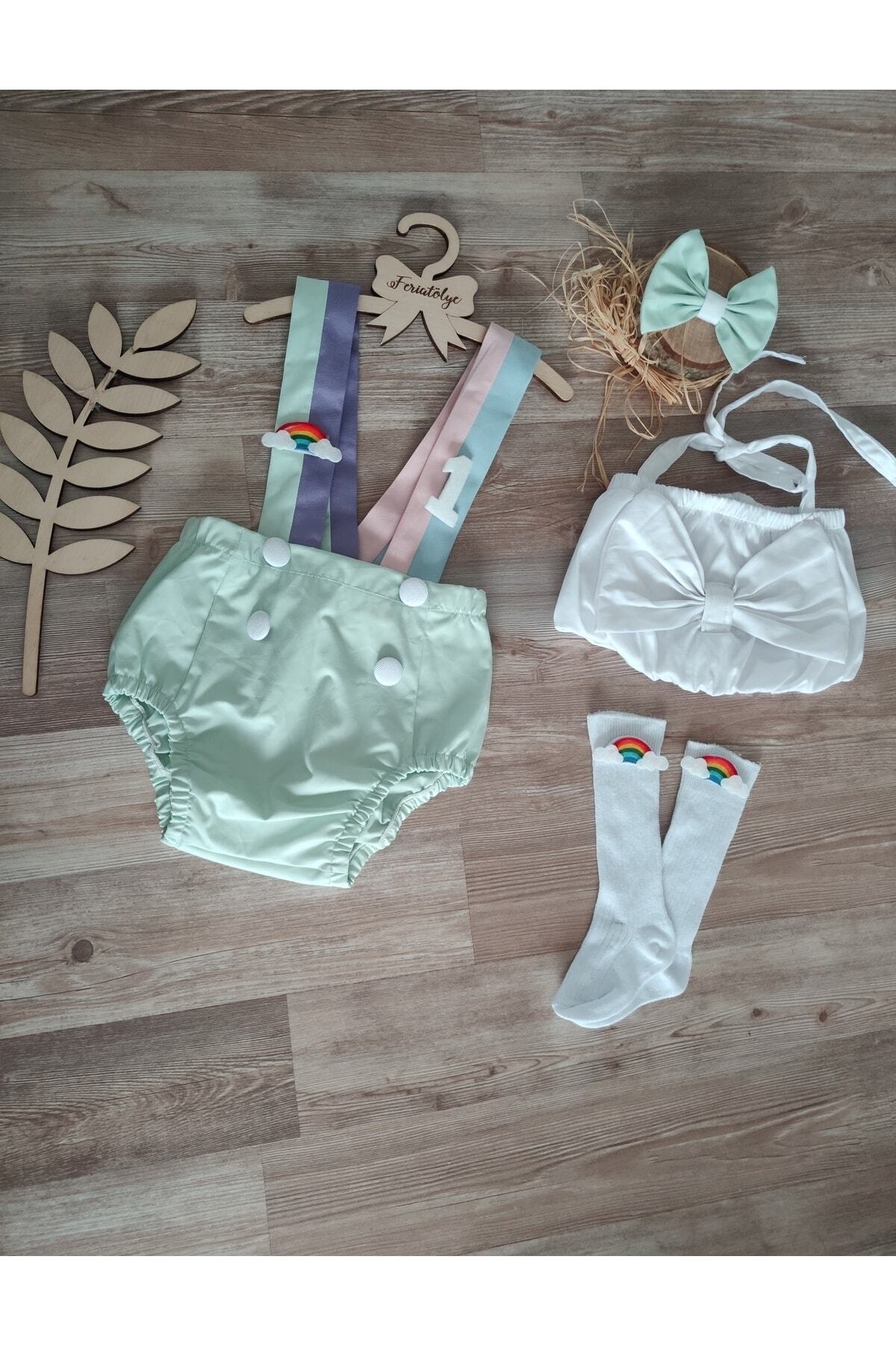 Girls Rainbow Concept Birthday Outfit Romper Crop Buckle Socks Set