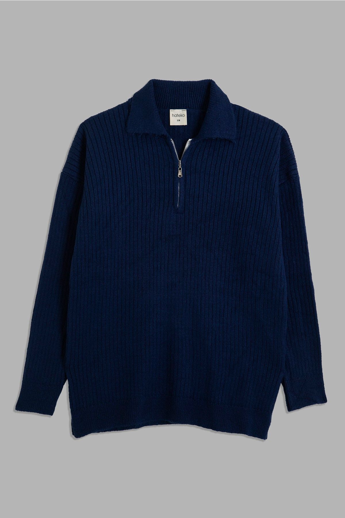hateko Lacivert Yarım Fermuarlı Oversize Polo Yaka Kazak