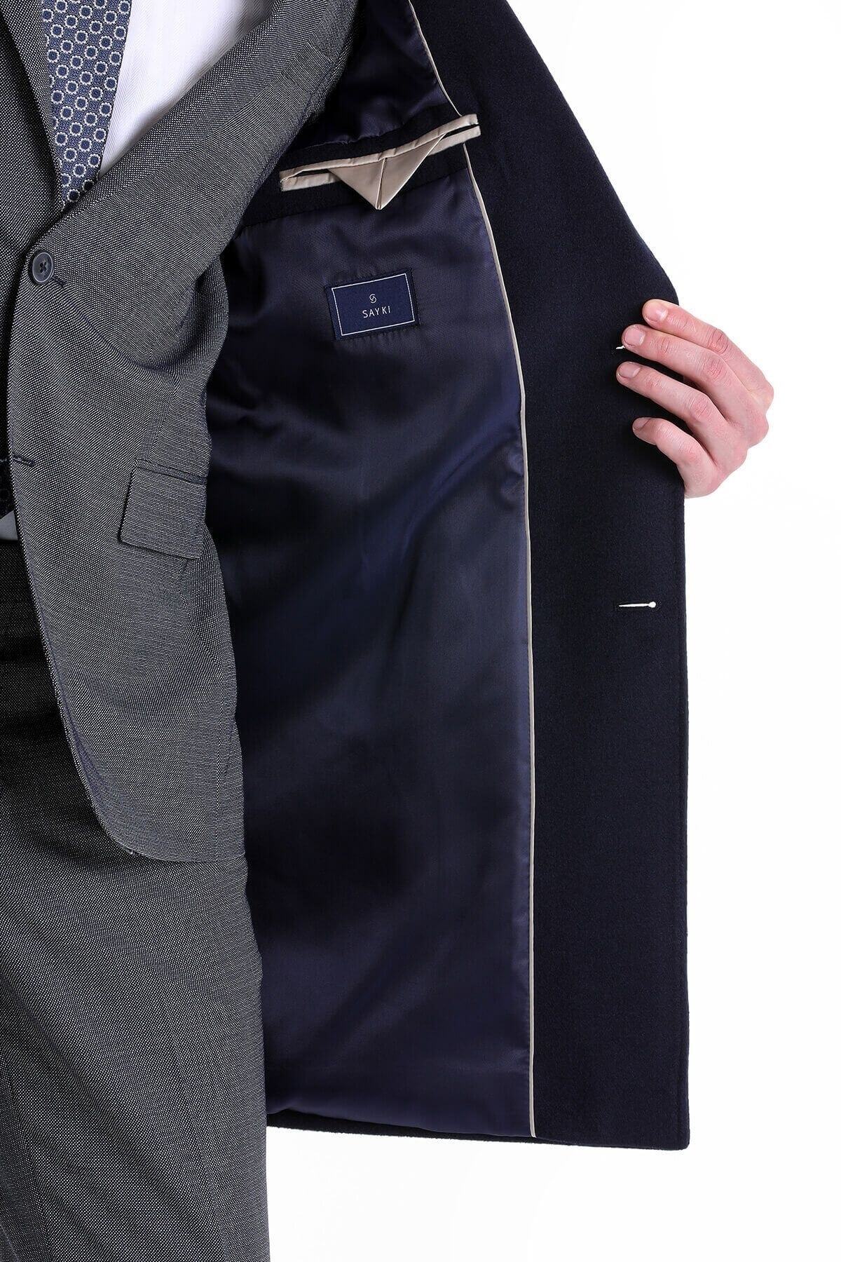 Hatemoğlu  Lacivert Slim Fit Düz Mono Yaka Yünlü Kaşe Palto - Görsel 6