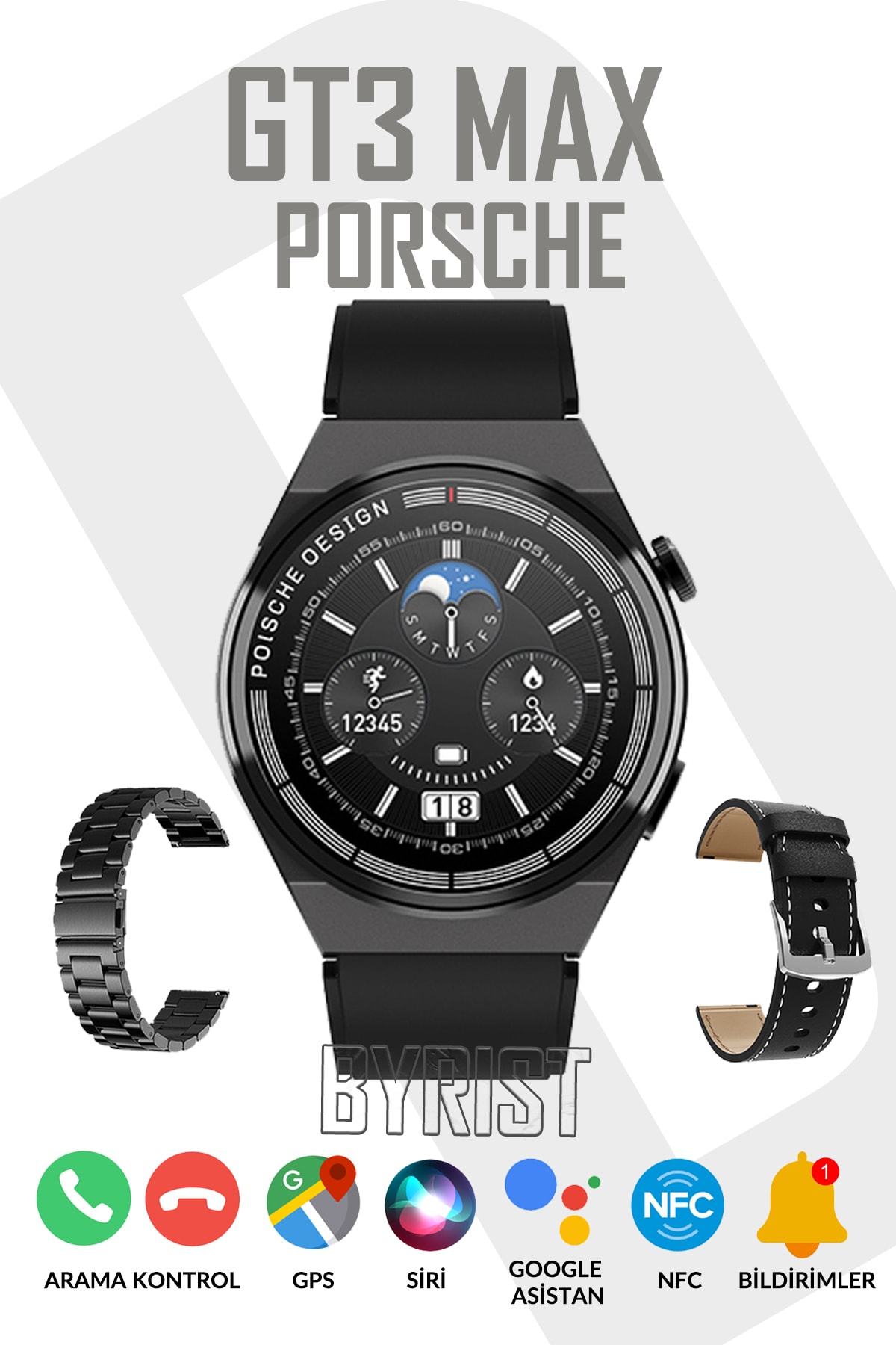 Byrist Watch Classic Series Gt3 Max Porsche Metal/deri Kordon Nfc/siri/takip Özellikli Premium Akıllı Saat
