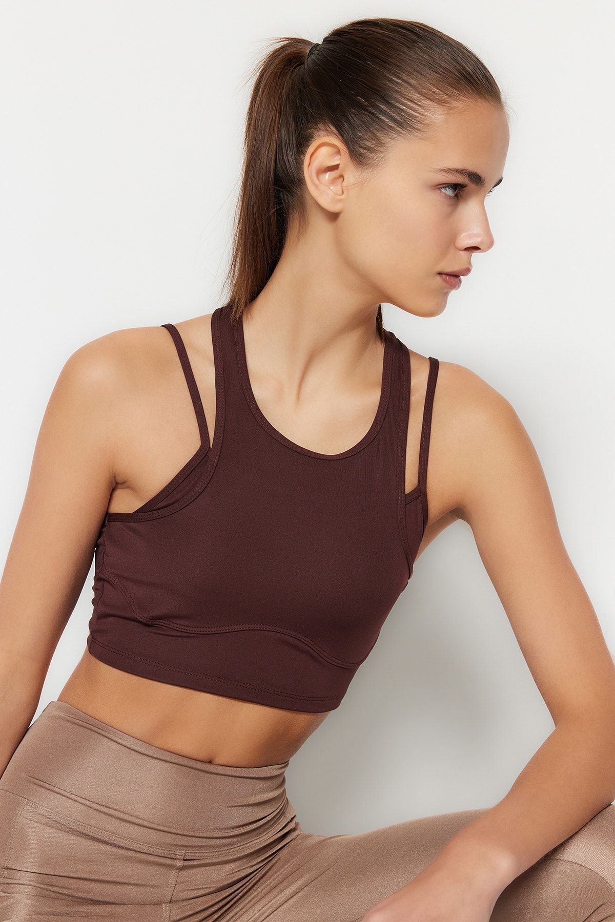 Trendyol Collection Brown Medium Support/Shaping Halter Neck Knitted Sports  Bra THMSS23SS00043 - Trendyol