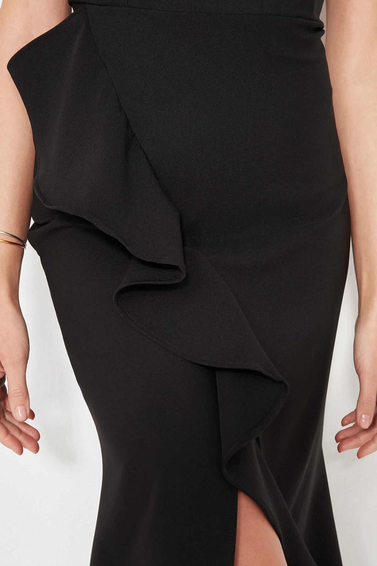 Trendyolmilla  Siyah Volanlı Dokuma Şık Abiye Gece Mezuniyet Elbisesi TPRAW19BB0144 - Görsel 10