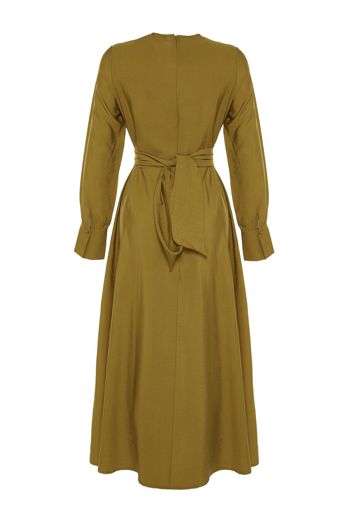 Trendyol Modest Yağ Yeşili Beli Bağlama Detaylı Dokuma Elbise TCTSS23EB00221 RN10041