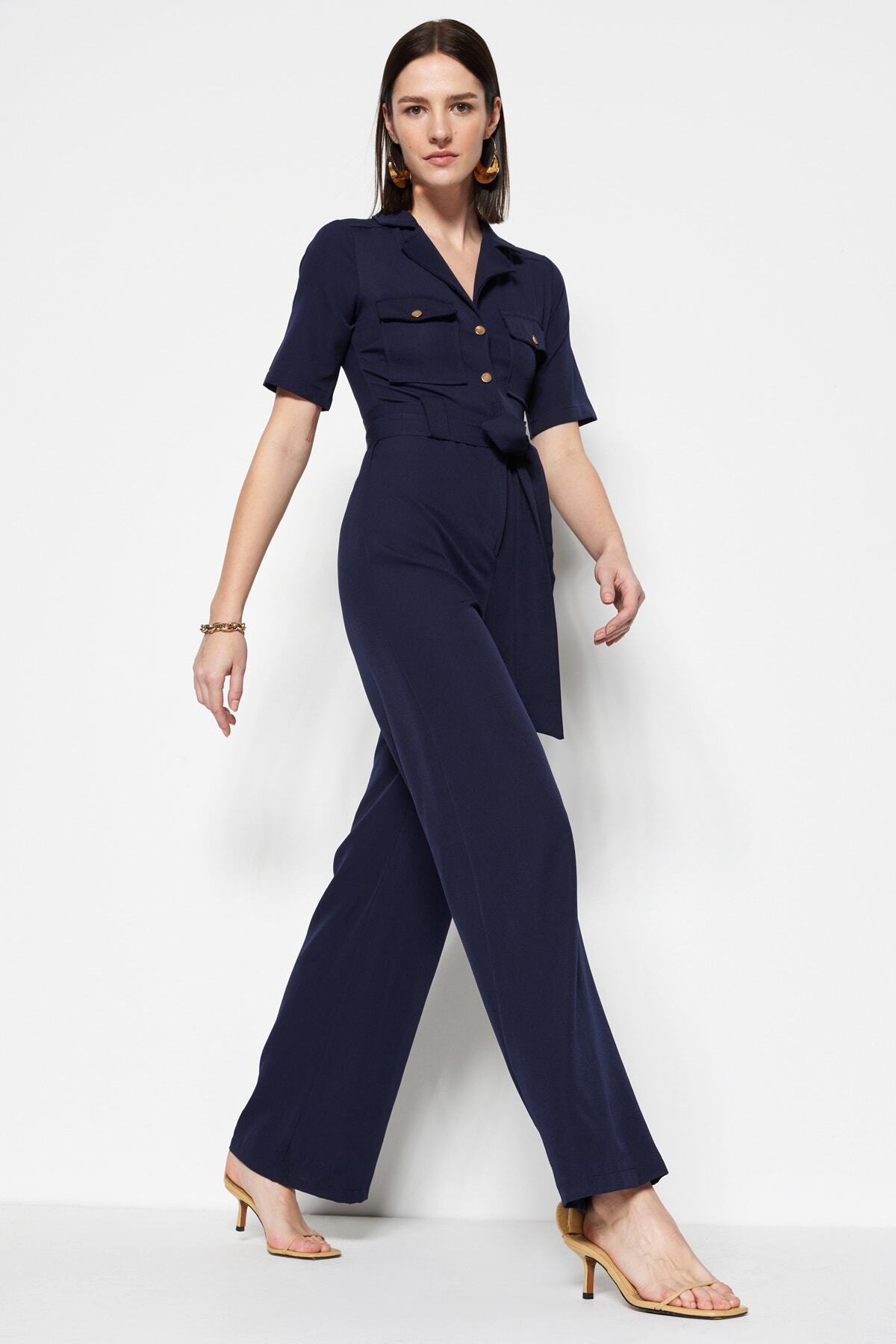Trendyol Collection-Темно-синій тканий комбінезон Gomlek з коміром на ґудзиках і кишенями TWOSS20TU0055 2