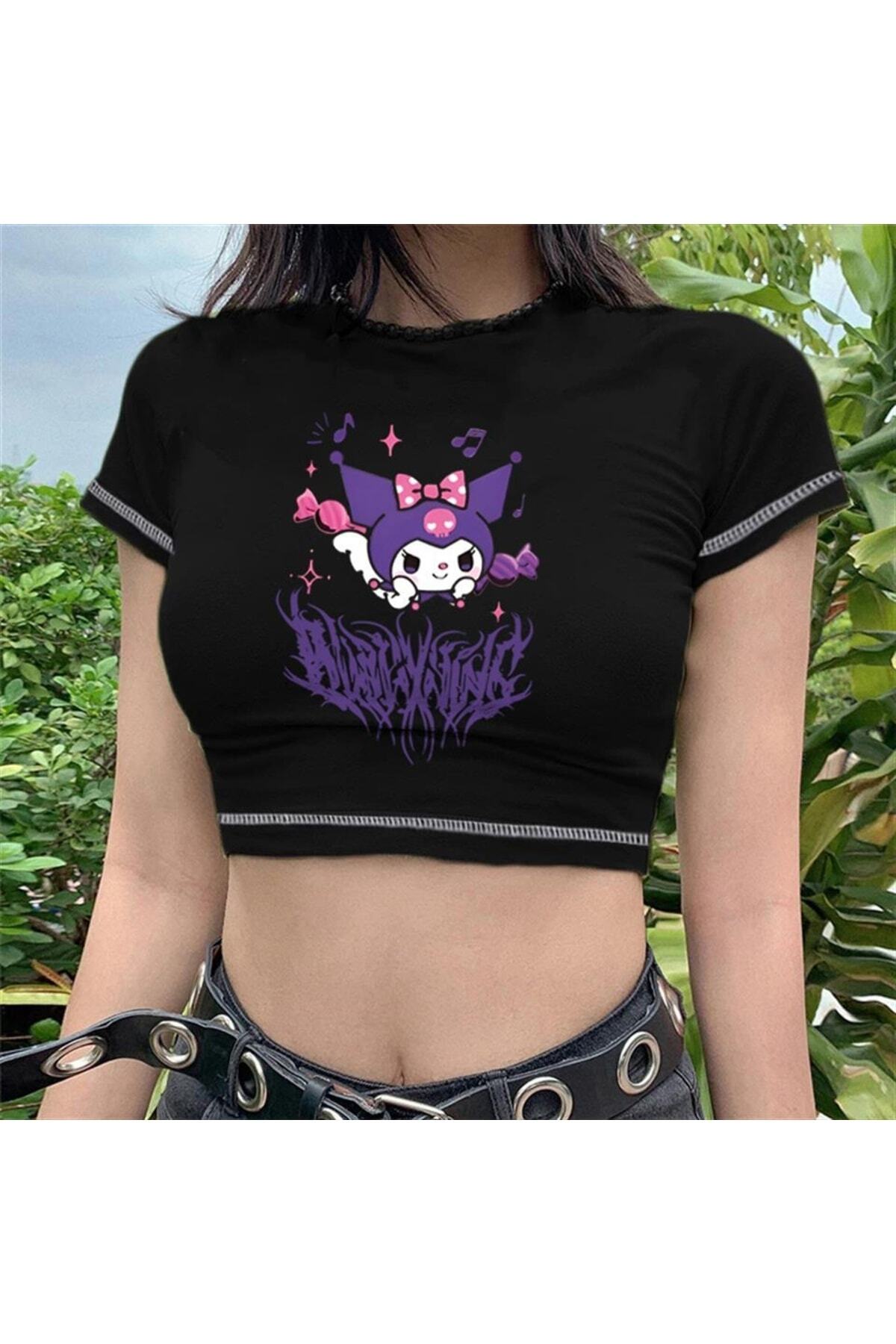 My Vısıon Kuromi Printed Reverse Stitch Black Crop