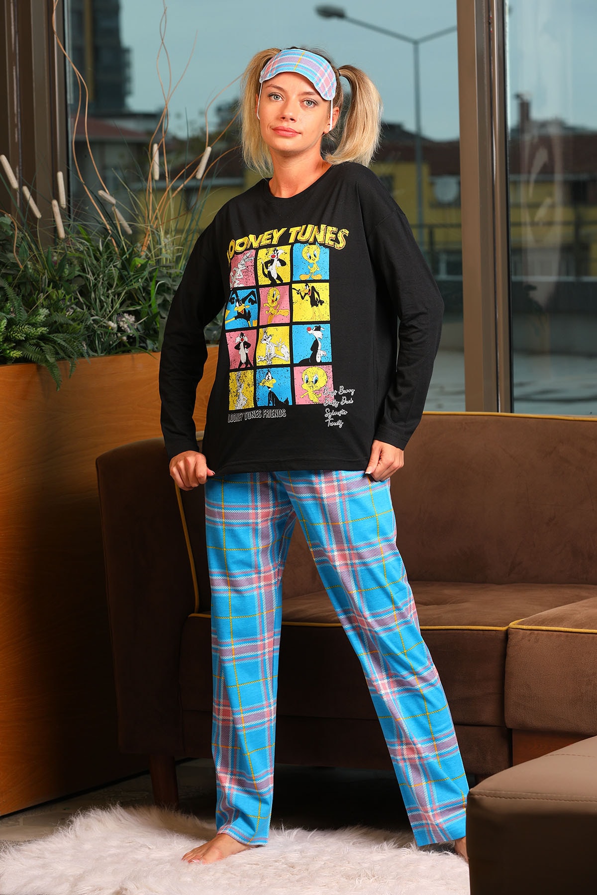 GÜLSELİ Siyah Kadın Desenli Uyku Bantlı Pijama Takımı