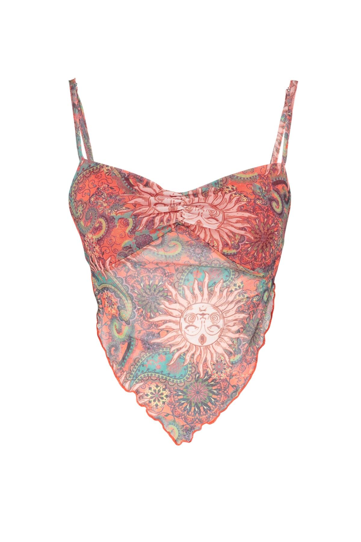 Trendyol Collection-Помаранчева блузка Tul Orme TWOSS23BZ00566 з асиметричним капюшоном і поперечними бретелями 7