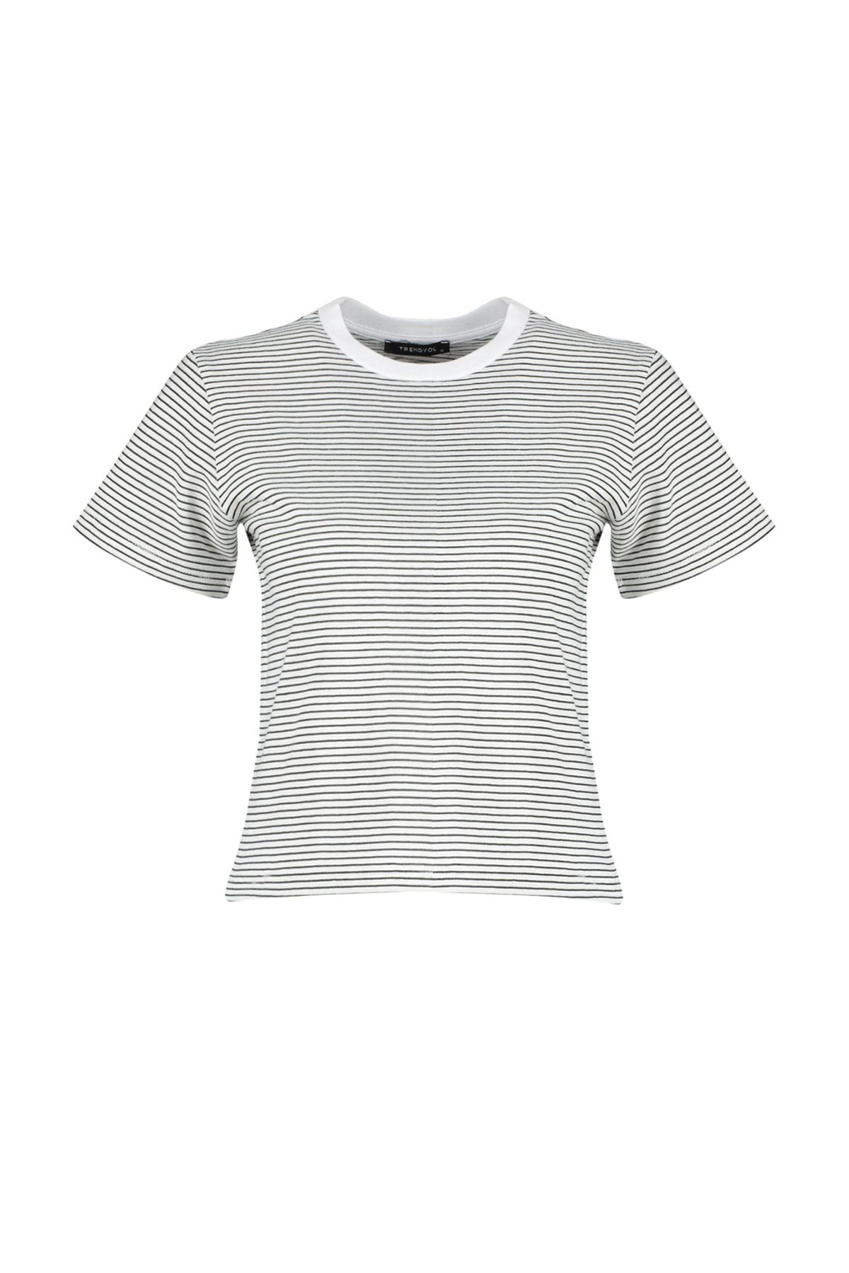 Trendyol Collection-Schwarzes, ecrufarbenes, gestreiftes Premium-Basic-Strick-T-Shirt mit normalem/normalem Muster und Rundhalsausschnitt TWOSS23TS00043 8