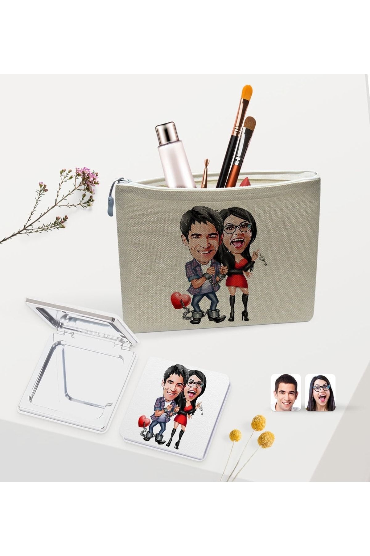 کیسه و ست آینه کتانی کارتونی شخصی ولنتاین، هدیه برای عاشق، عشق Bk Gift