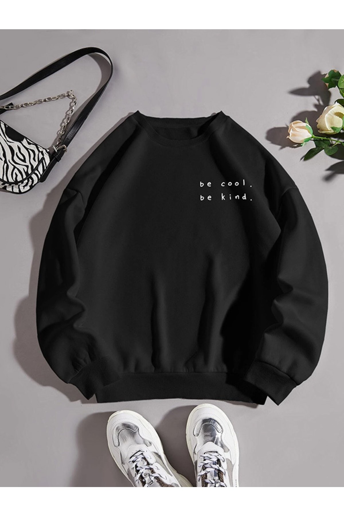 FAVORİST Unısex Baskılı Siyah Bisiklet Yaka Sweatshirt Hoodie Be Kınd