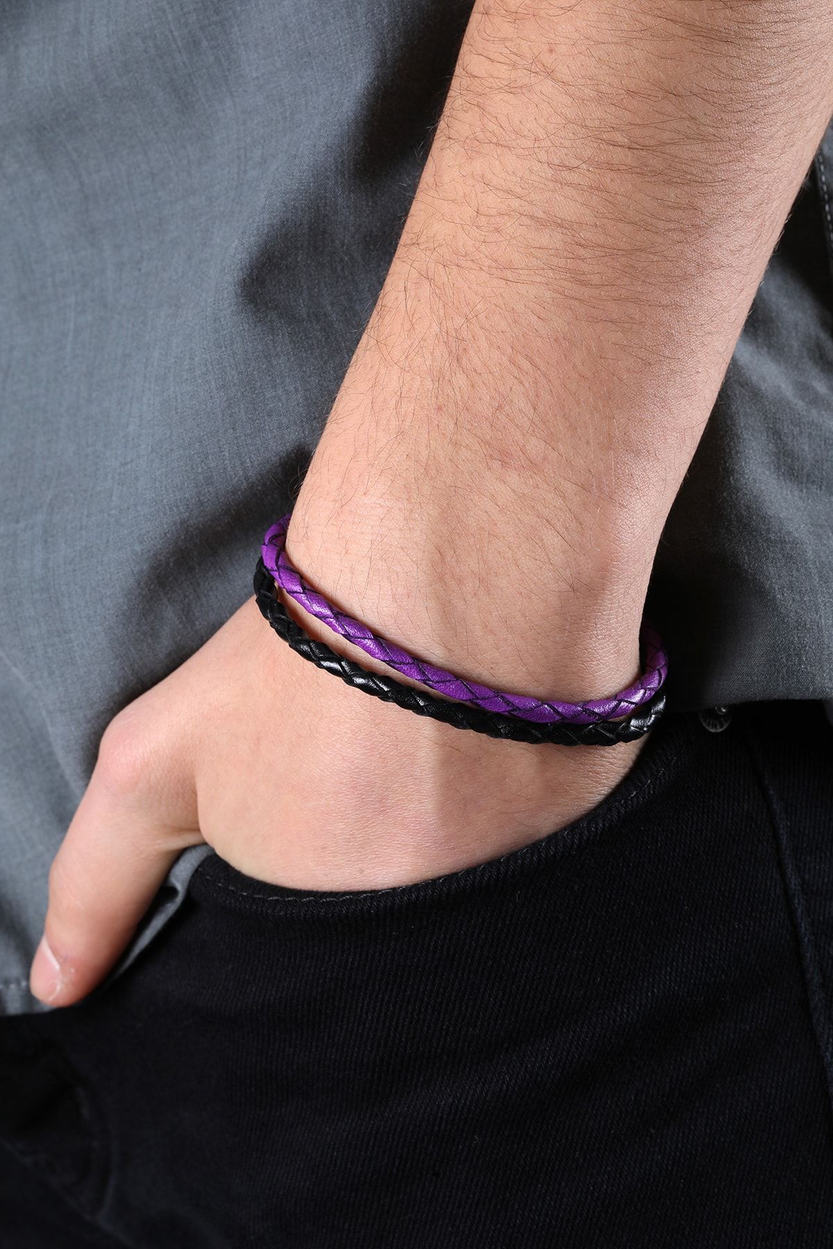 MRHERO-Unisex Purple Hooked 2-Piece Knitted Handmade Genuine Leather Bracelet_mh012 4