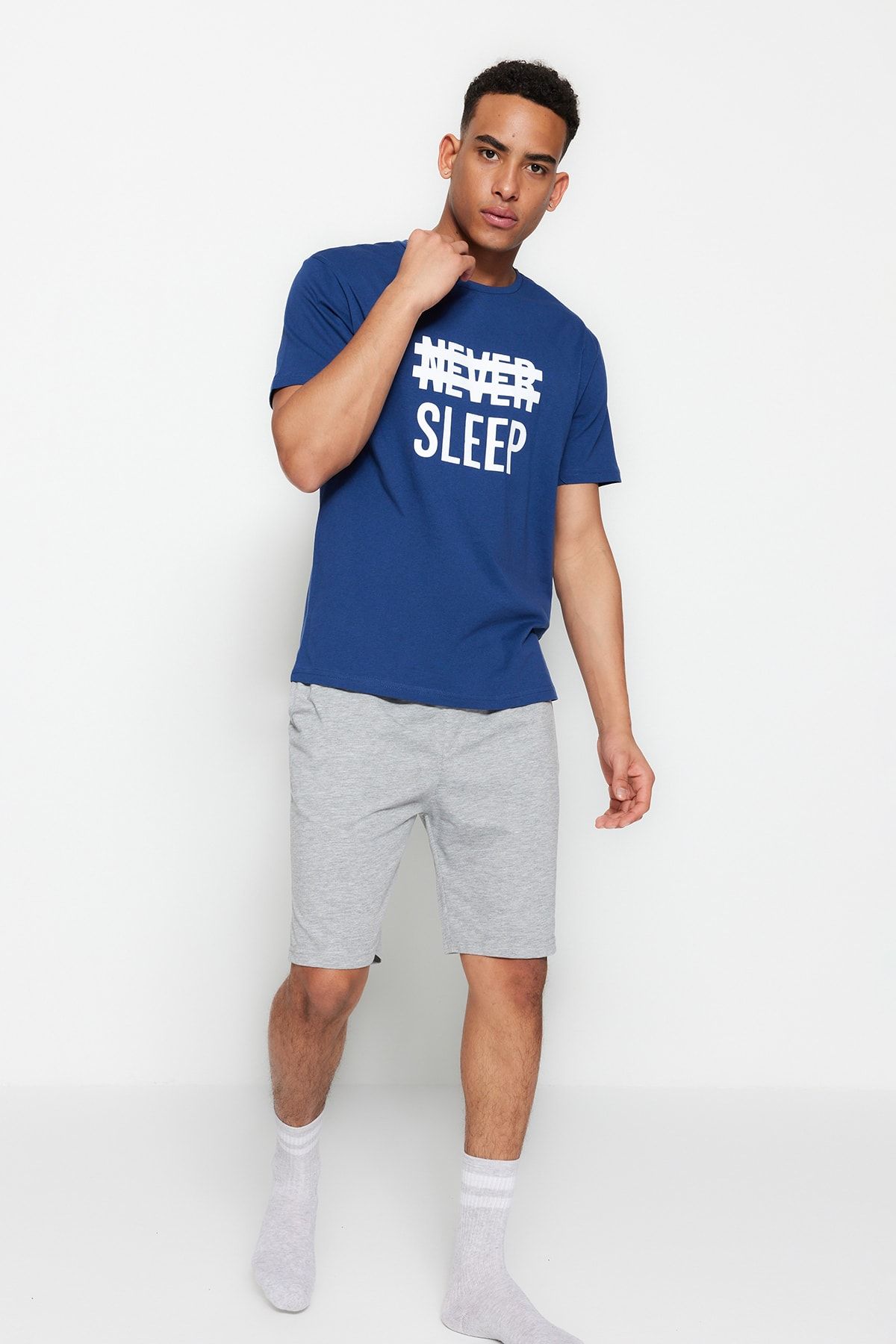 Trendyol Collection-Modrá sada pyžama Regular Fit 100% bavlna pletené letní šortky - THMSS21PT0216 6