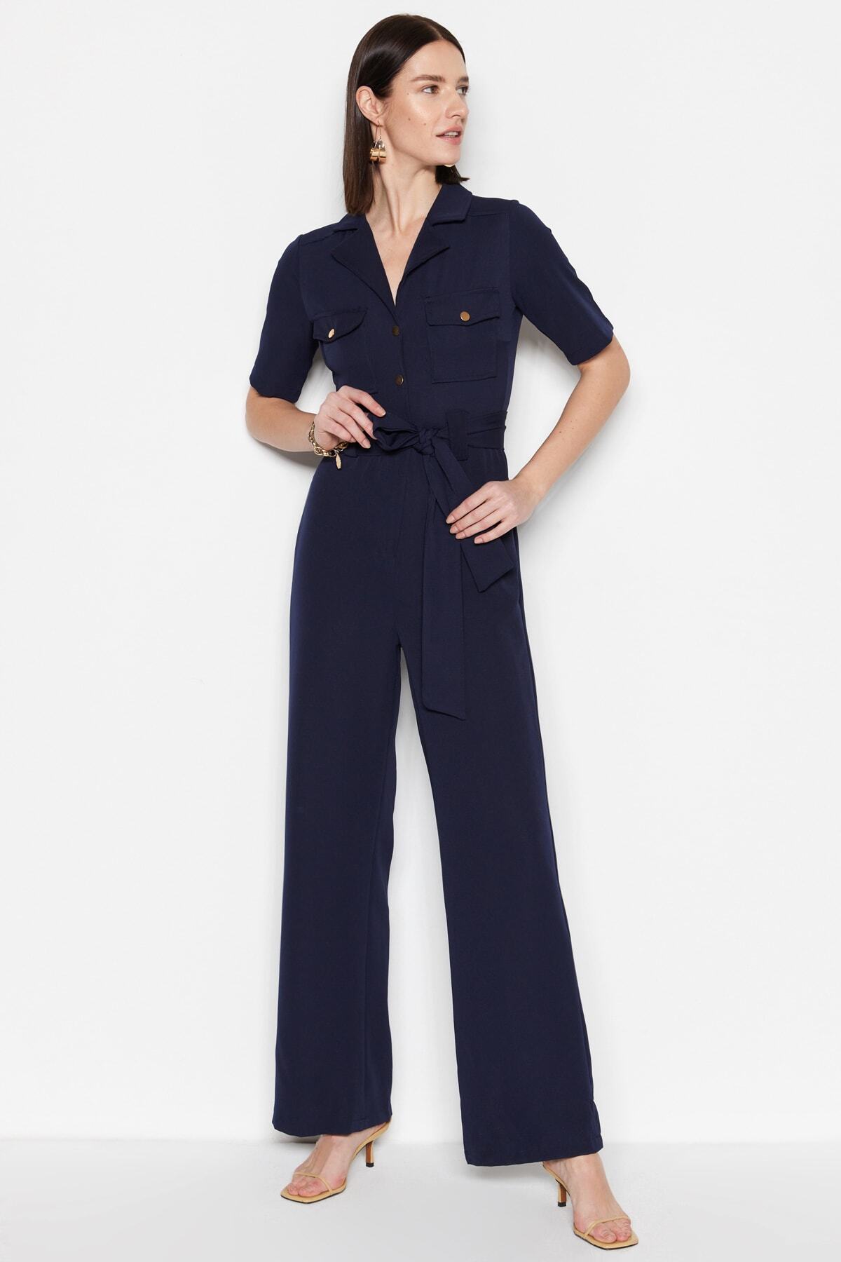 Trendyol Collection-Темно-синій тканий комбінезон Gomlek з коміром на ґудзиках і кишенями TWOSS20TU0055 3