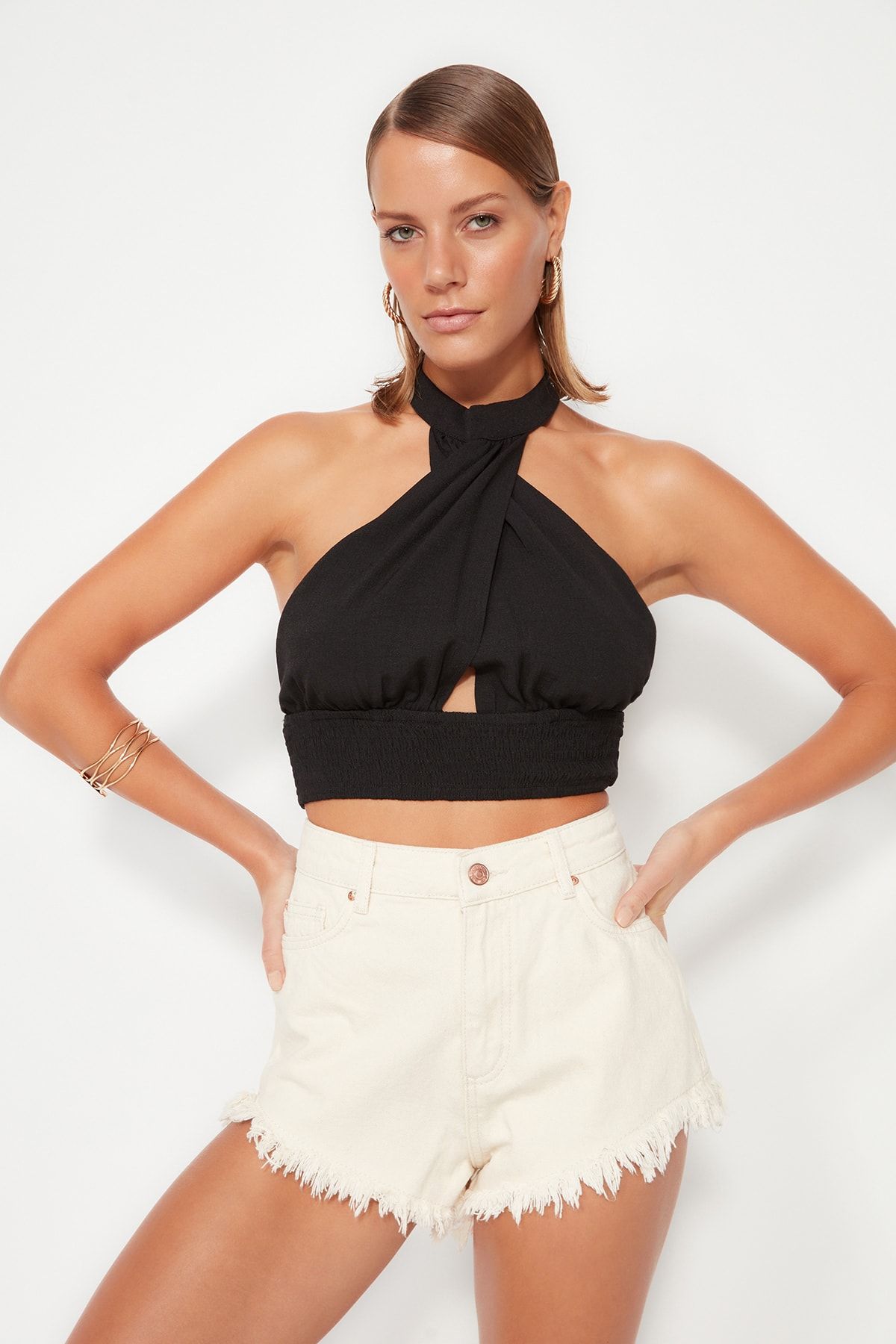 Trendyol Collection-Ecru Denim Tassel Beach Shorts - 100% bawełna Tbess23Sr00029 3