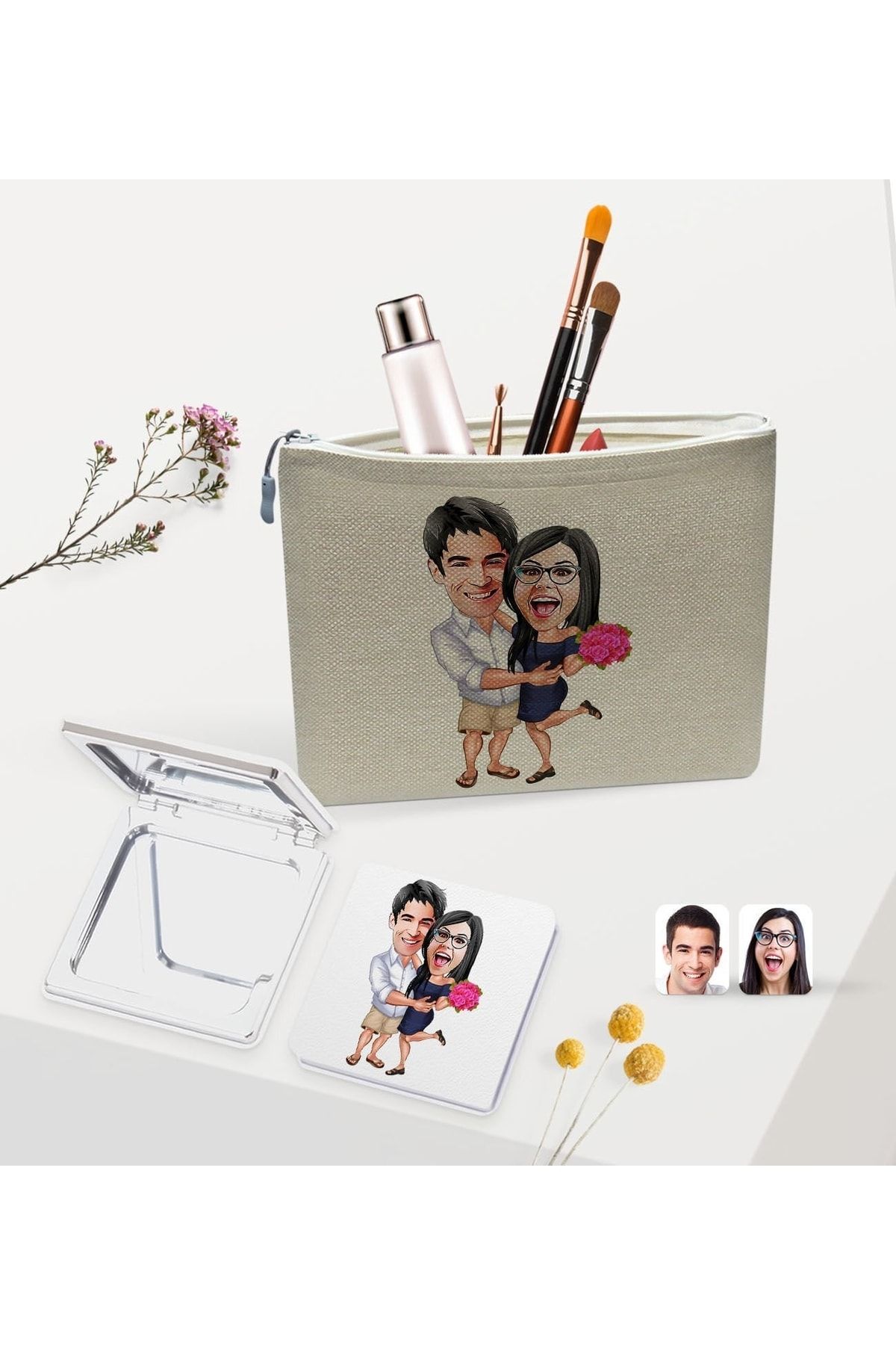 کیسه و ست آینه کتانی کارتونی شخصی ولنتاین، هدیه برای عاشق، عشق Bk Gift