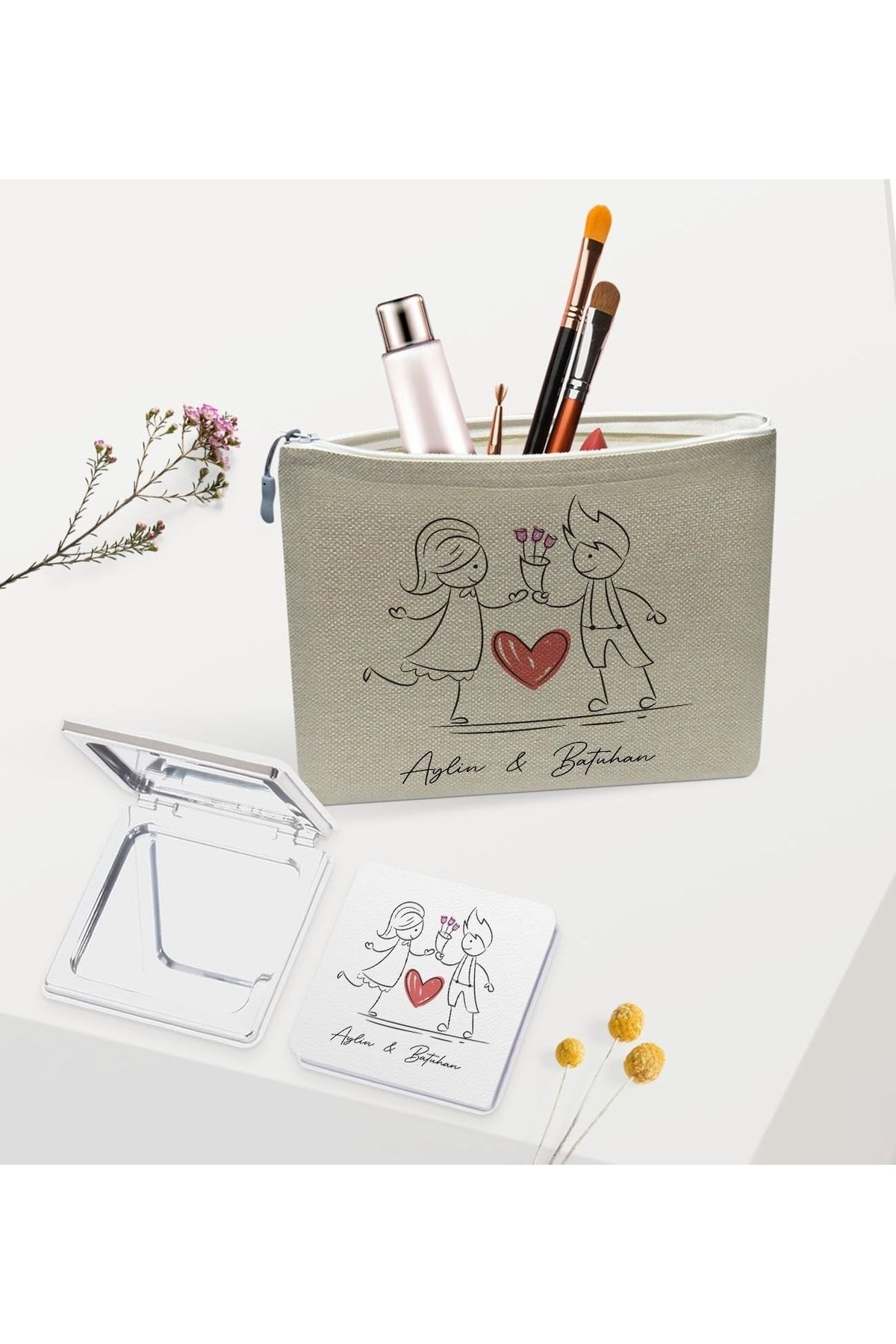 کیسه و ست آینه آرایش شخصی کتانی، هدیه برای عاشق، روز ولنتاین Bk Gift