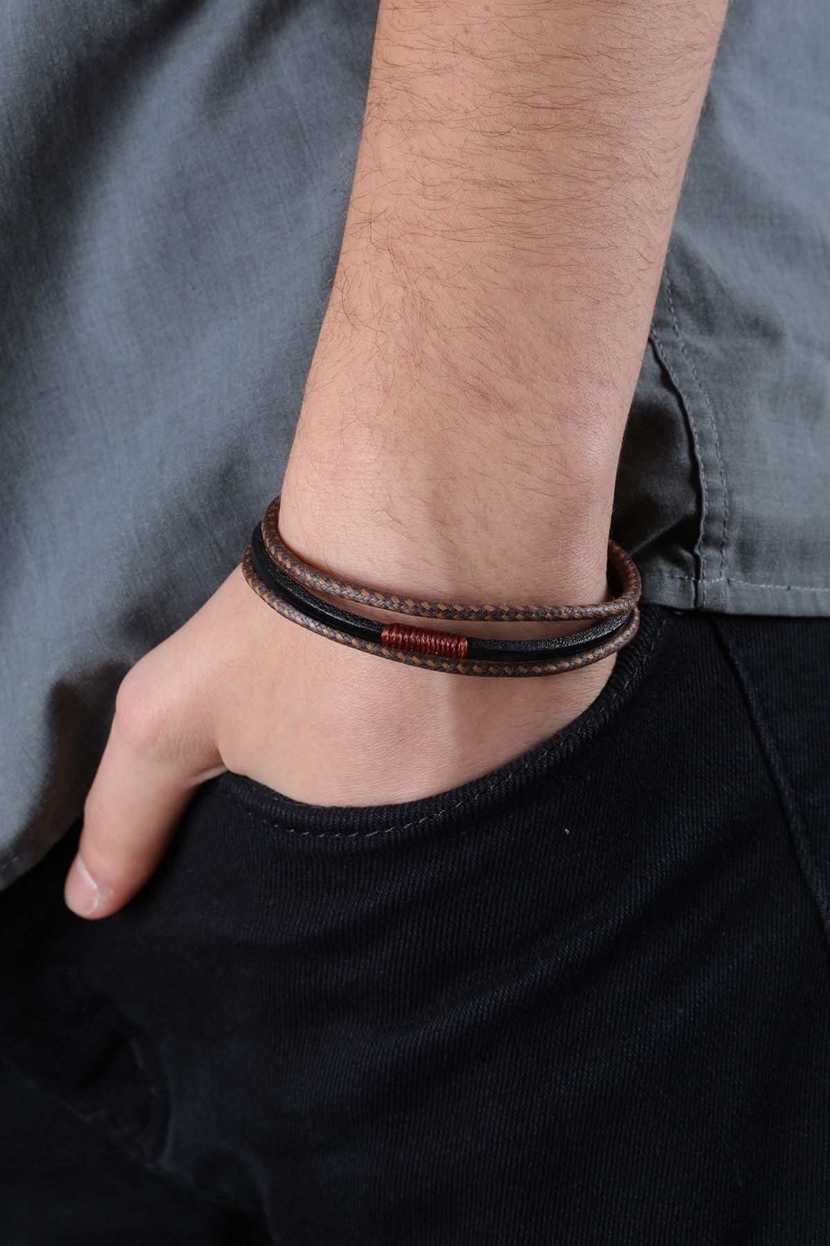 MRHERO-Mh019 Men's Black Medium Wrap Leather Double Rope Handmade Genuine Leather Bracelet 4