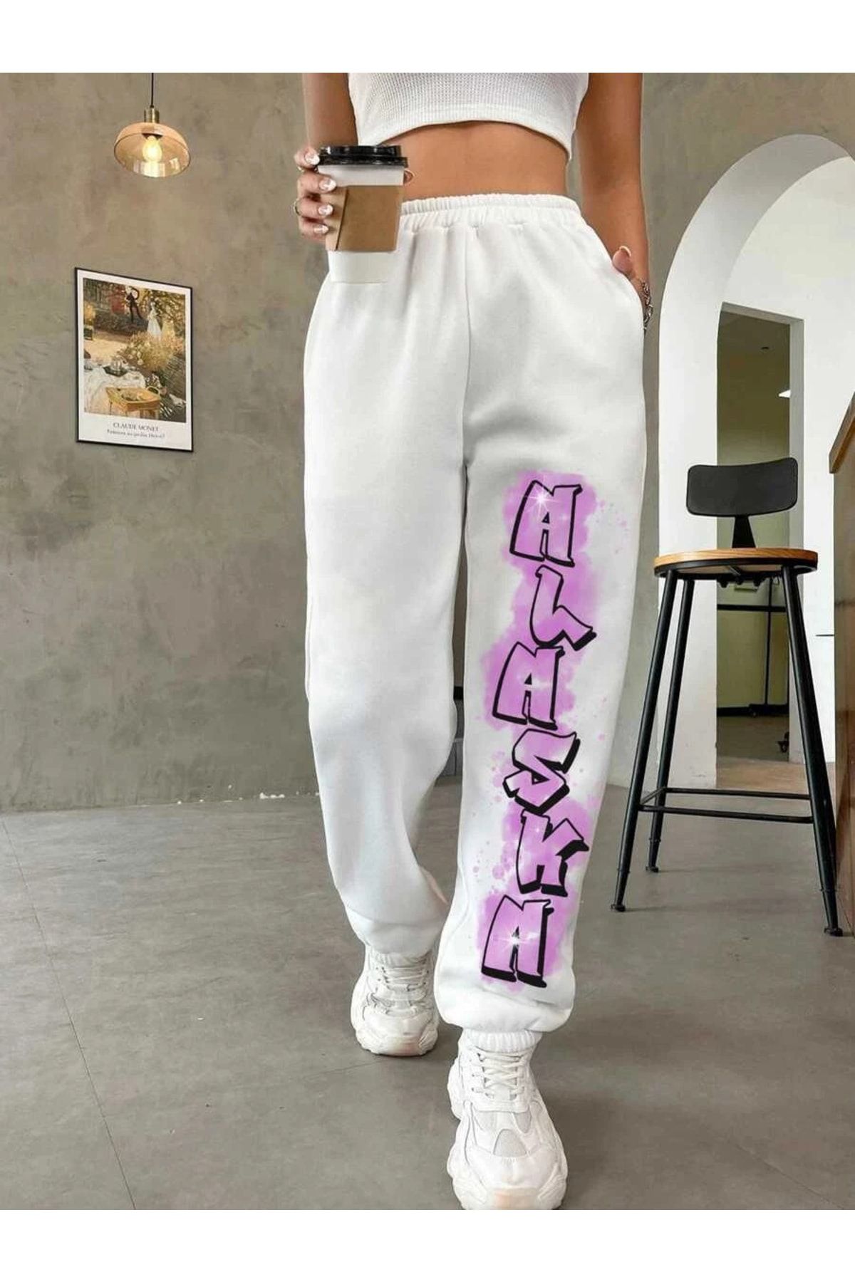 basilio Beyaz Overisze Unisex Mor Baskılı Eşofman Altı