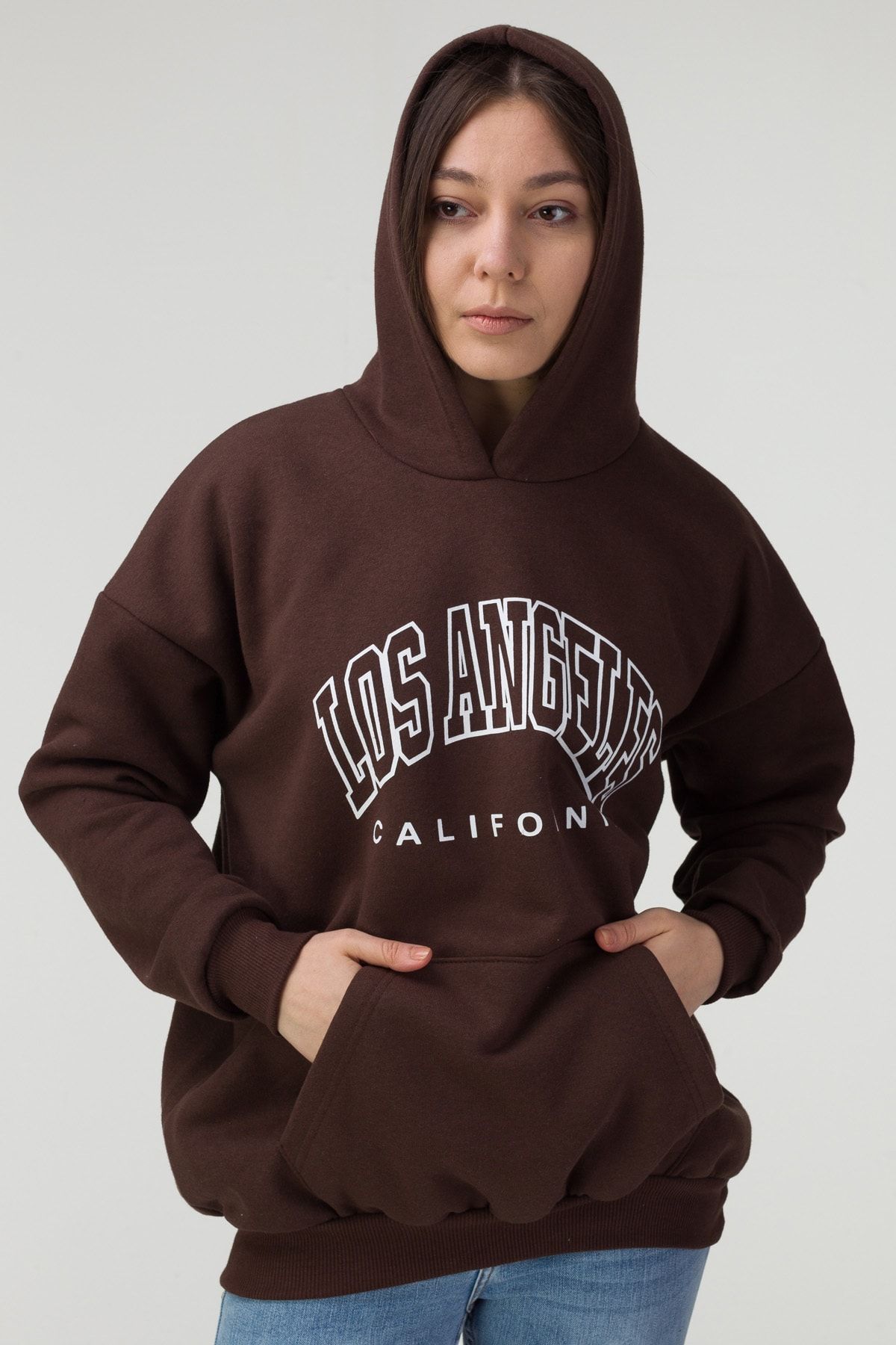 MODAGEN Unisex Los Angeles Printed Hooded Oversize Brown