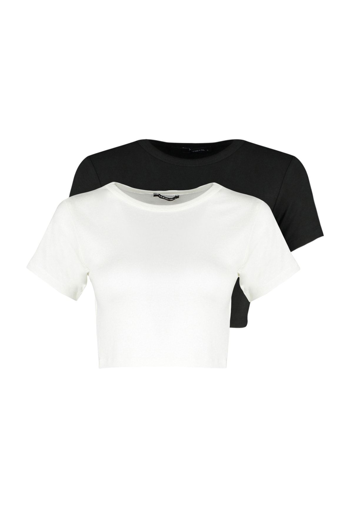 Trendyolmilla  Siyah-Ekru 2'li Paket Crop Viskoz/Yumuşak Kumaş Esnek Örme Bluz TWOSS23BZ00108 - Görsel 6