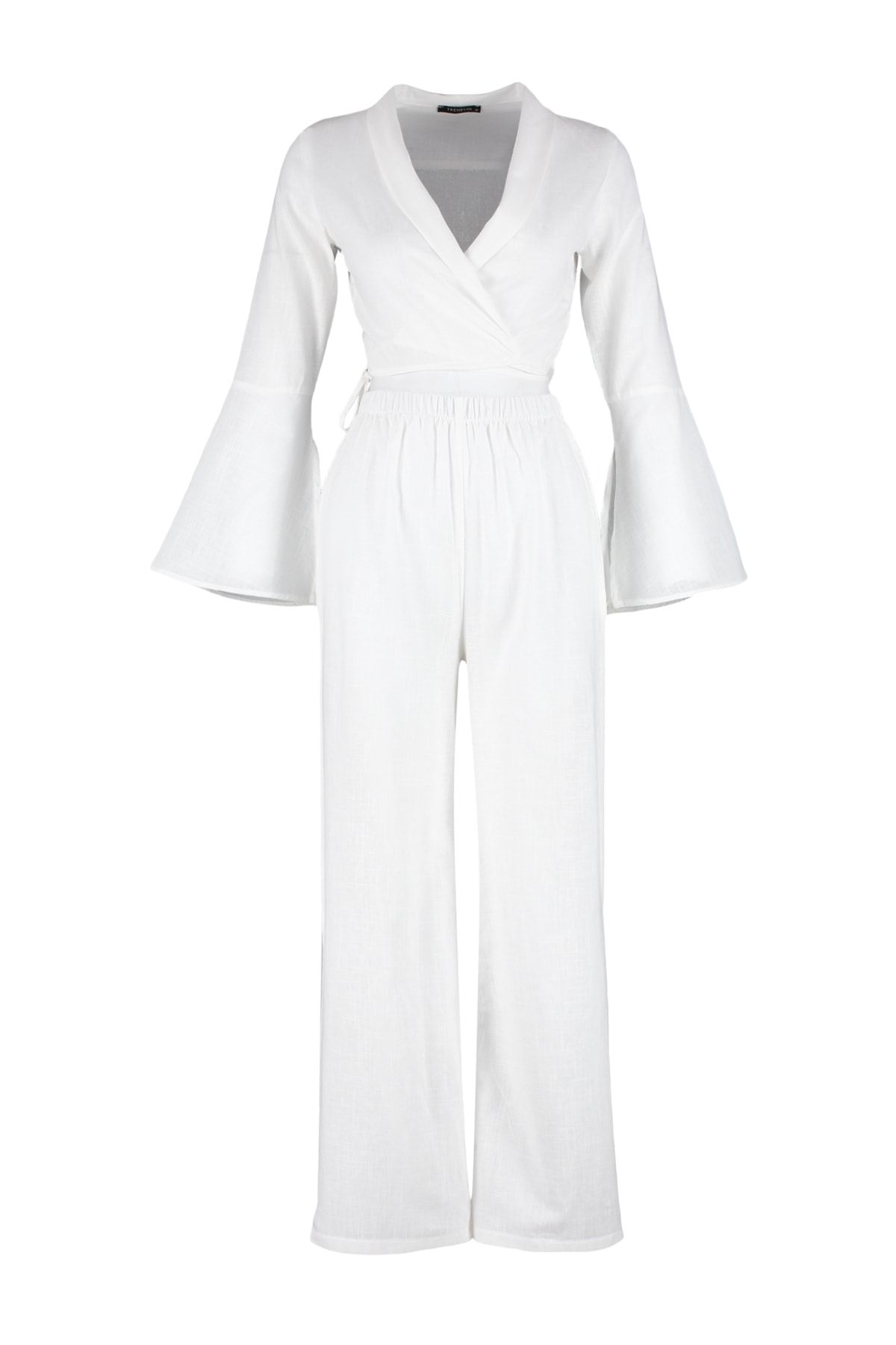 Trendyol Collection-Ecrufarbenes, gewebtes, geschlitztes Blusen- und Hosen-Set aus 100 % Baumwolle TBESS23AU00085 7