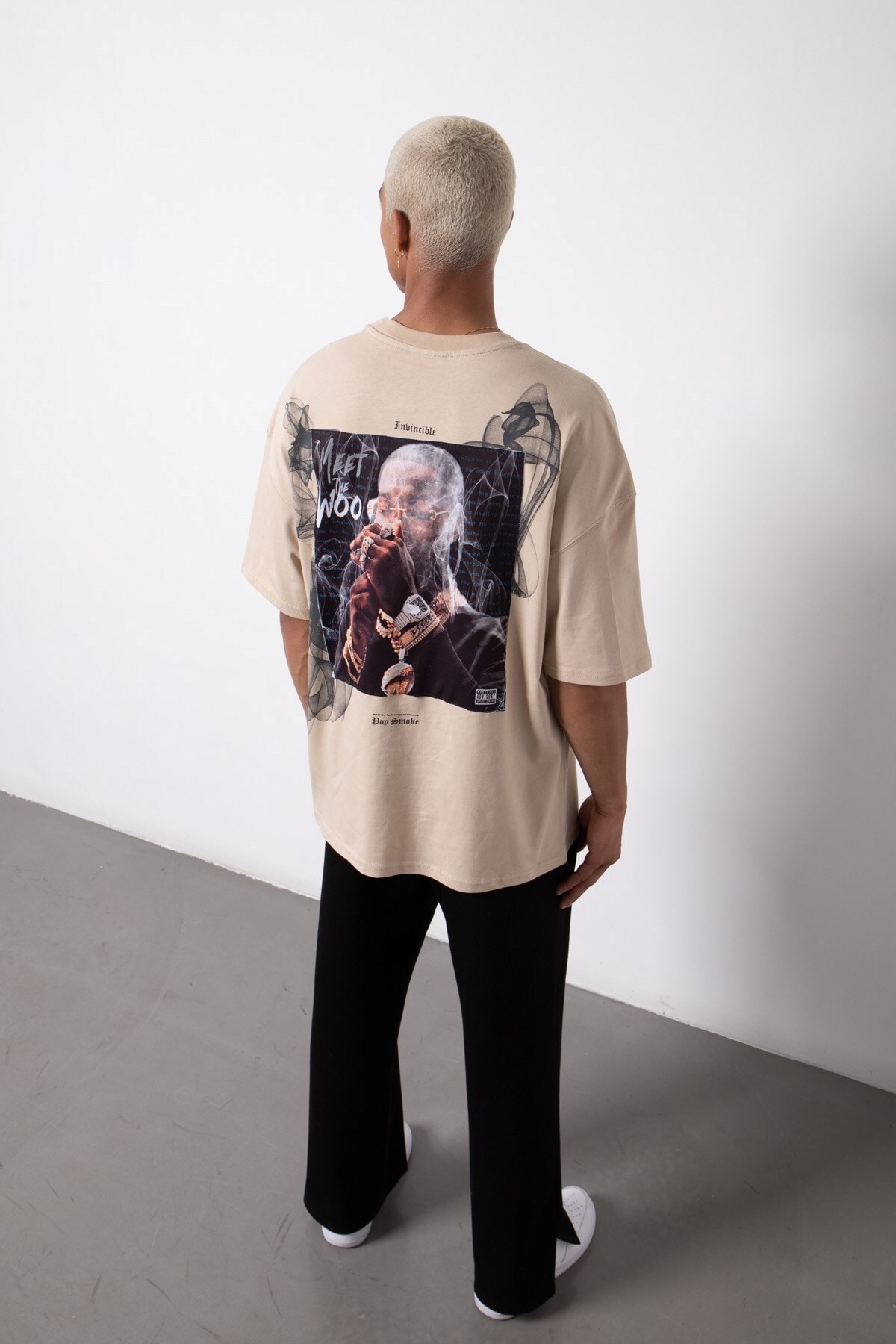 Machinist Oversize Pop Smoke Baskılı Pamuklu T-shirt Bej