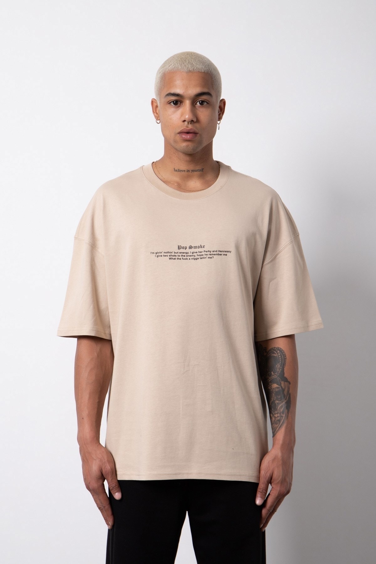 Machinist Oversize Pop Smoke Baskılı Pamuklu T-shirt Bej PG8107