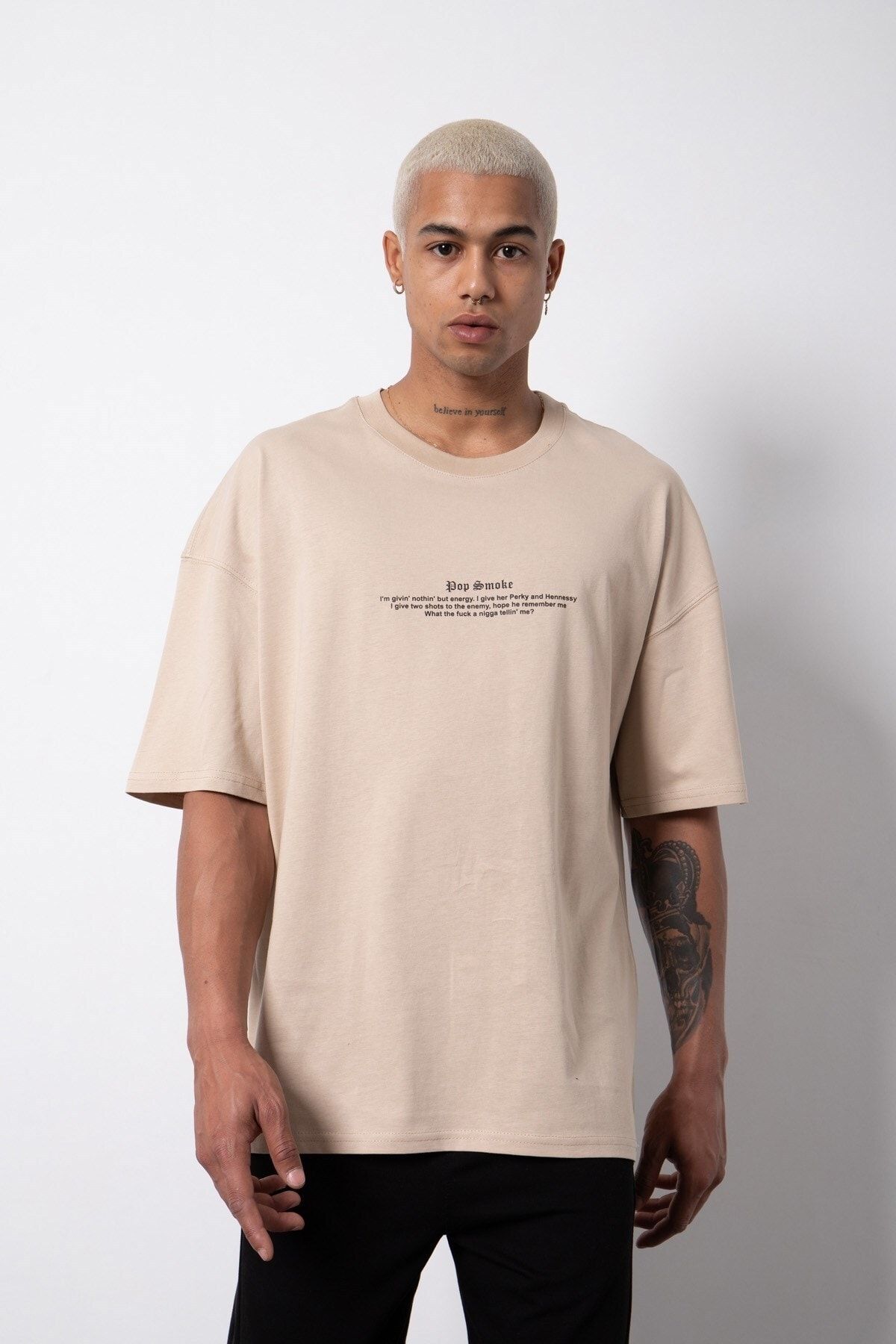 Machinist Oversize Pop Smoke Baskılı Pamuklu T-shirt Bej PG8107