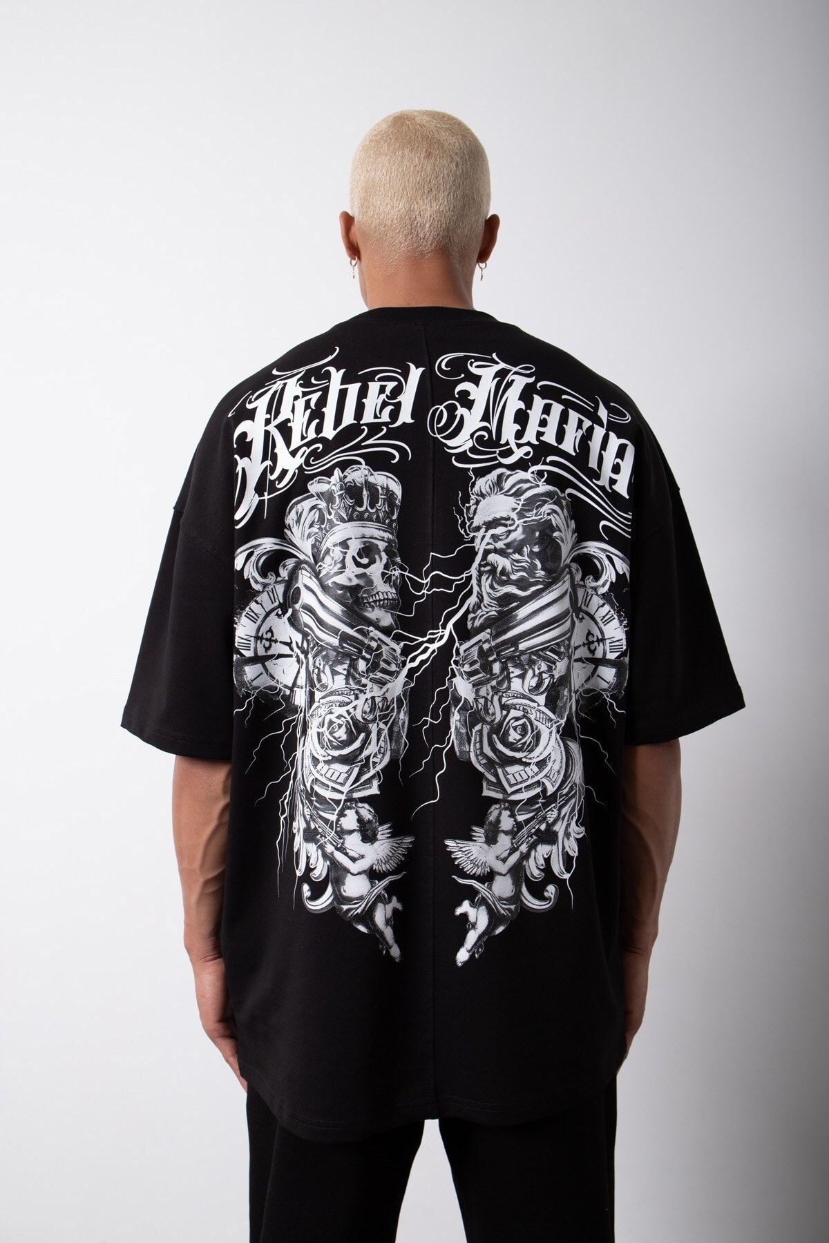 Machinist Oversize Rebel Mafia Baskılı Organik Pamuklu T-shirt Siyah