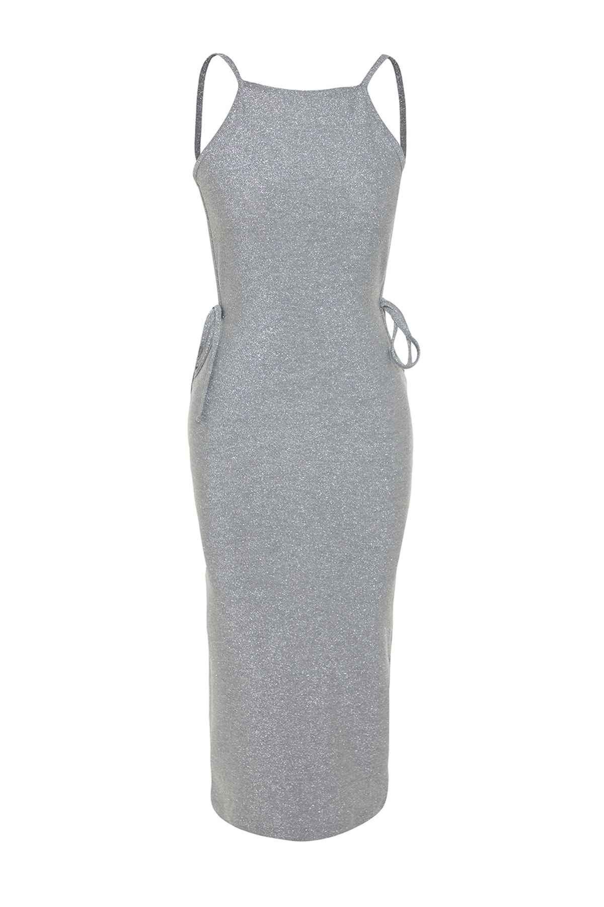 Trendyol Collection-Gray Fitted Knitted Shiny Piping Elegant Evening Dress TPRSS23EL00380 7