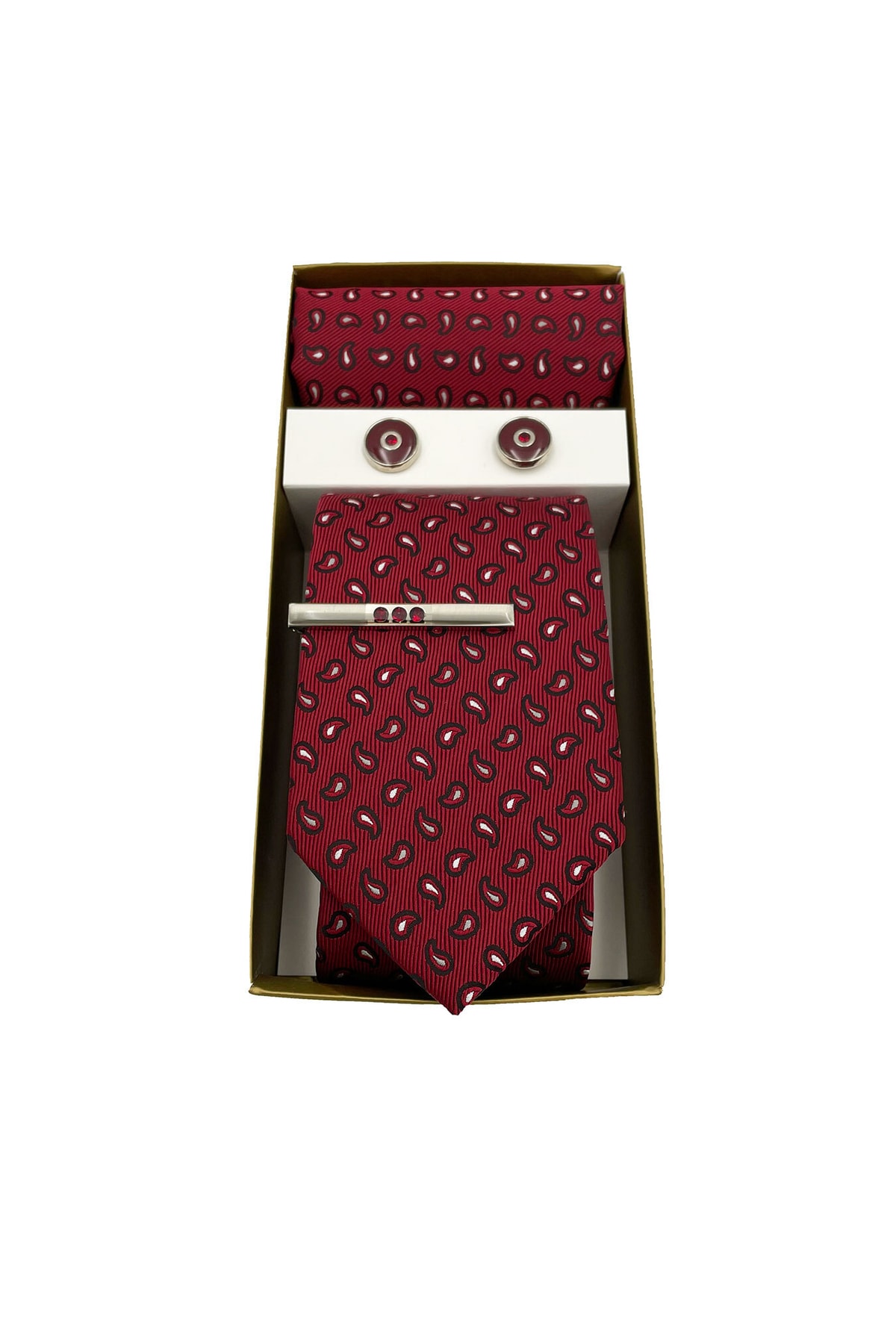  ست هدیه کراوات، دستمال جیبی، دکمه سرآستین و سنجاق کراوات طرح شال کوچک زرشکی