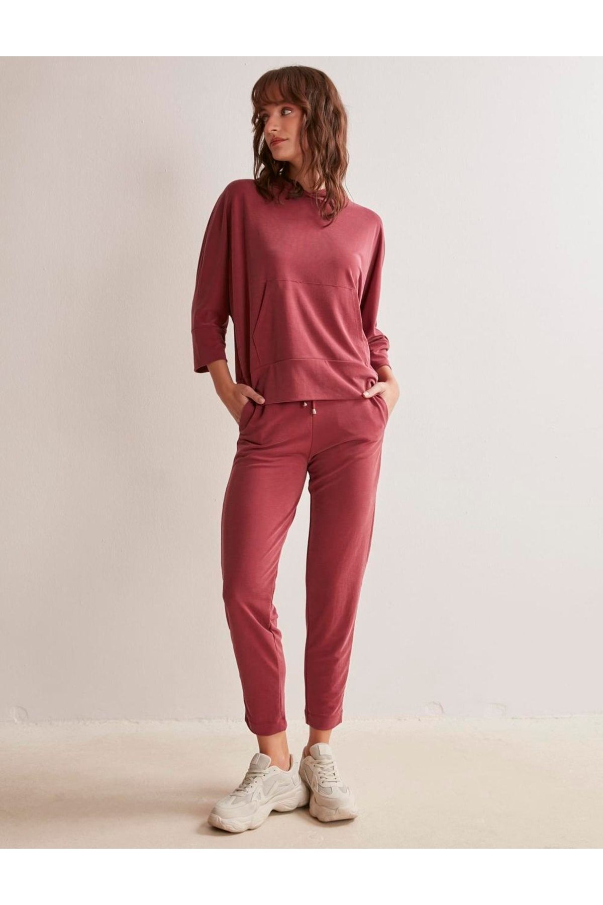 Jimmy Key Bordo Düz Kesim Beli Bağlamalı Ve Lastikli Rahat Pantolon IR9434