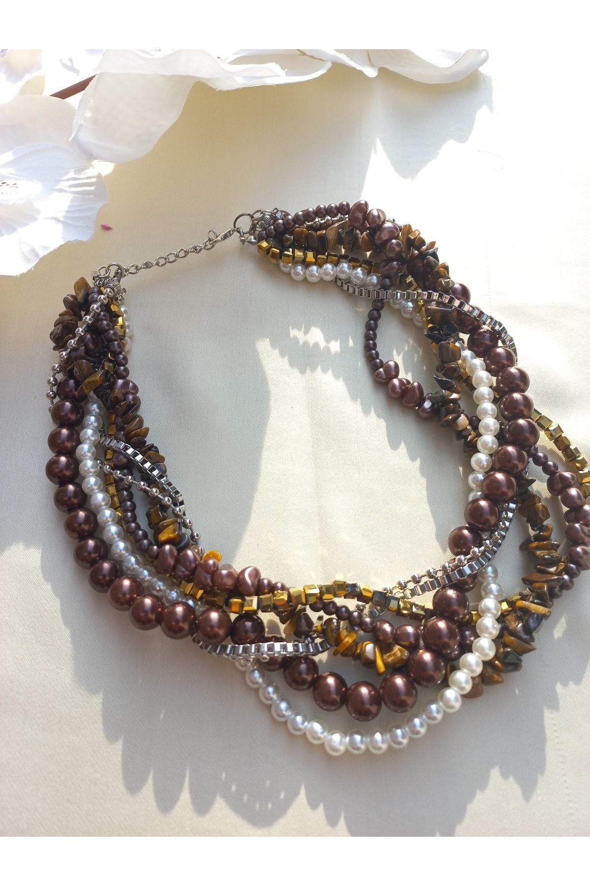 PAR AKSESUAR Brown Colored Pearl Cube Crystal Multiple Design