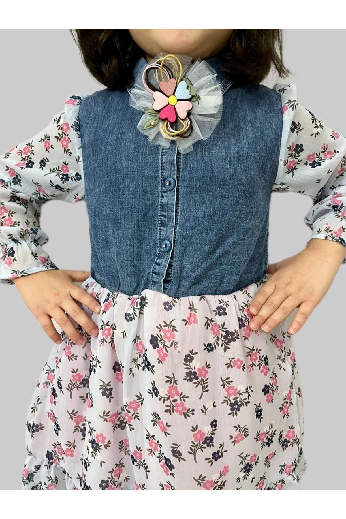 Esterella Girl s Denim Dress Denim Shirt Collar Dress Floral