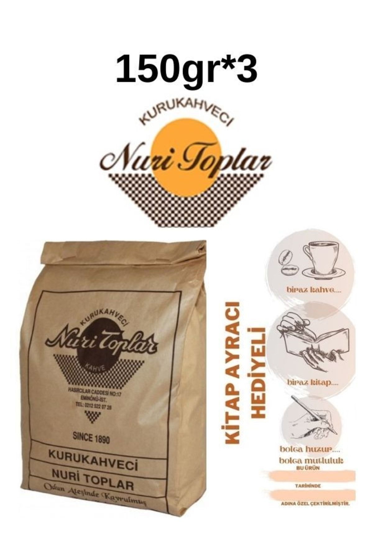 Nuri Toplar Kurukahveci Türk Kahvesi Günlük Çekilmiş 150 Gr.*3 =450 Gr(içecek Hediyeli)